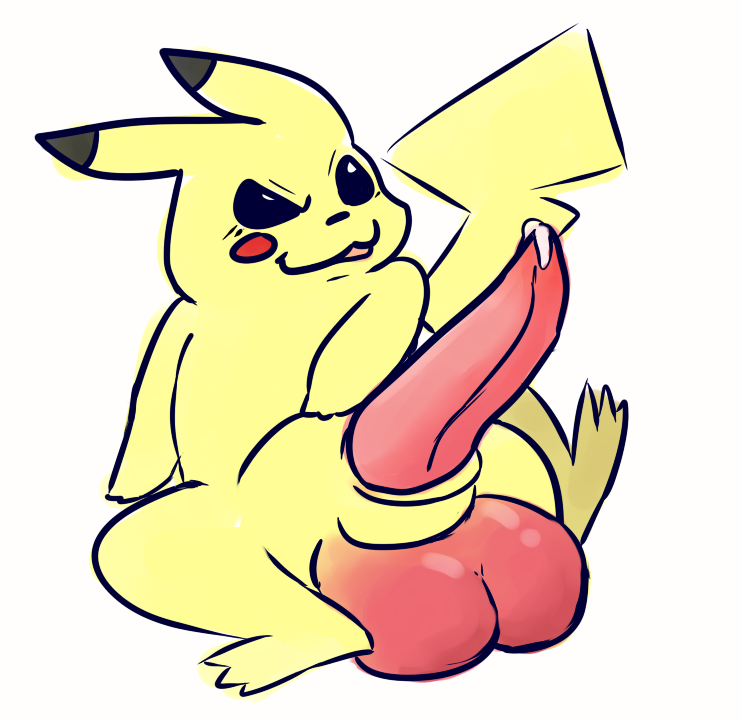 2016 animal_genitalia animal_penis balls big_balls big_penis black_eyes cum cum_on_penis fur huge_balls ltcabbitsu male male_only mammal mouse nintendo penis pikachu pokemon rodent simple_background smile solo tongue video_games yellow_fur