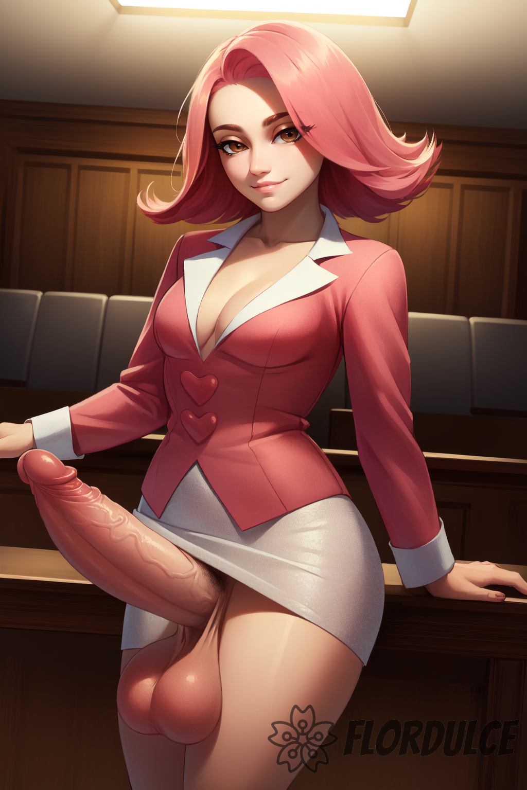 ace_attorney ai_generated april_may balls brown_eyes cleavage erect_penis erection flordulce futa_only futanari gyakuten_saiban indoors jacket penis pink_hair pink_jacket pubic_hair seductive seductive_look seductive_smile skirt solo_futa standing testicles white_skirt