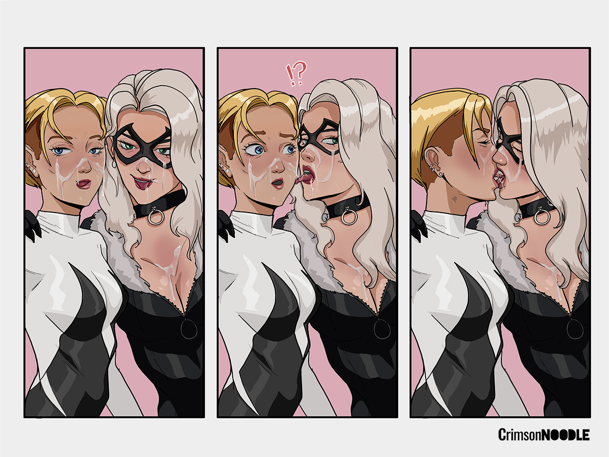 2girls, age difference, asymmetrical hair, black cat (marvel), blonde hair, comic page, crimsonnoodle, cum cleanup, cum drip, cum in mouth, cum kiss, cum on face, cum swap, facial, felicia hardy, female, female only, gwen stacy, gwen stacy (spider-verse), kiss, kissing, licking cum, marvel, marvel comics, multiple females, multiple girls, older female, older female and younger female, snowballing, spider-gwen, spider-gwen (spider-verse), spider-man (series), spider-man: into the spider-verse, white hair, younger female, yuri