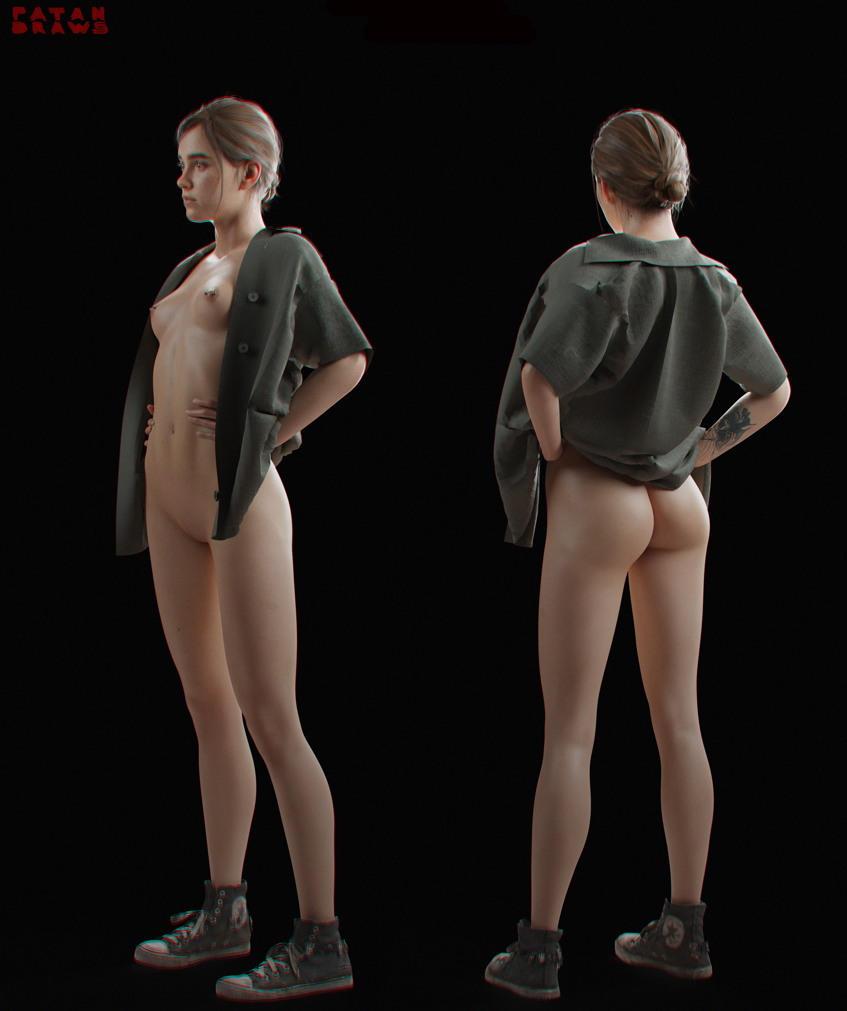 1girls, 3d, 3d (artwork), areolae, ass, breasts, brown hair, bubble ass, bubble butt, casual, clothing, ellie (the last of us), ellie williams, female, female only, footwear, freckles, full body, human, model sheet, naughty dog, nipple piercing, nipples, open shirt, pale skin, patandraws, piercing, pussy, shirt, small breasts, sneakers, solo, standing, tattoo, the last of us, the last of us 2, topwear, vagina