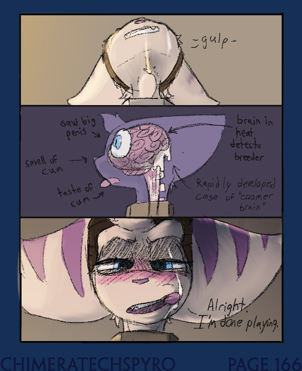 anthro blush bodily_fluids chimeratechspyro collar comic cum cum_drip cum_in_brain cum_in_mouth cum_inside cum_on_face drinking drinking_cum dripping excessive_cum excessive_genital_fluids eyewear eyewear_on_head female female_anthro fur genital_fluids goggles goggles_on_head hi_res internal leaking_cum licking_cum_on_face lombax mammal page_166 patreon purple_body purple_fur purple_stripes ratchet_and_clank rift_apart rivet_(ratchet_and_clank) sony_corporation sony_interactive_entertainment stripes webcomic white_body white_fur