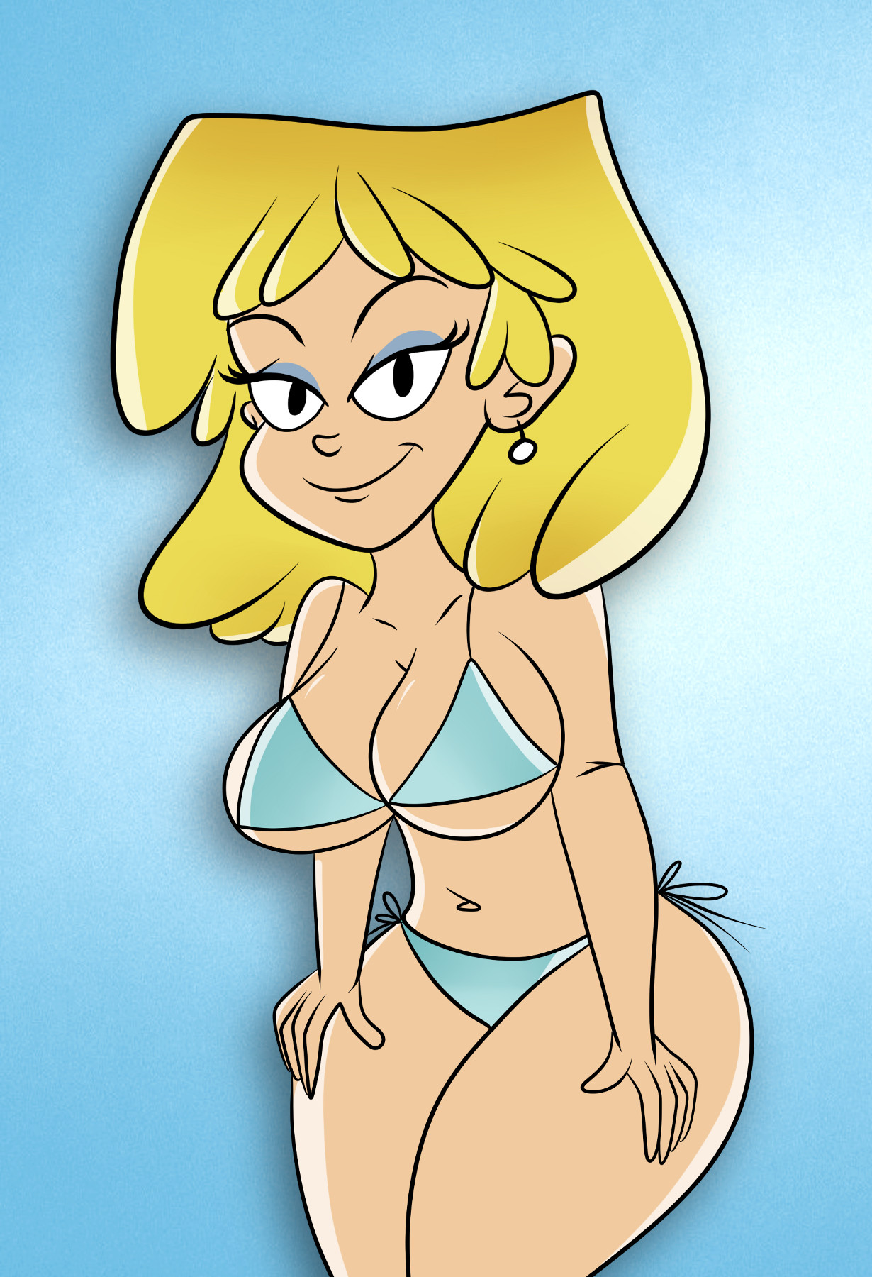 1girls, bangs, bent over, bikini, black eyes, blonde, blonde hair, blue bikini, blue-white gradient background, breasts, cleavage, earrings, eyelashes, eyeshadow, female, female only, front view, gradient background, hair, human, large breasts, long hair, looking at viewer, lori loud, navel, nickelodeon, nickelodeon animation studio, scobionicle99, side-tie bikini, smile, solo, straight hair, swimsuit, the loud house, thick thighs, voluptuous, wide hips
