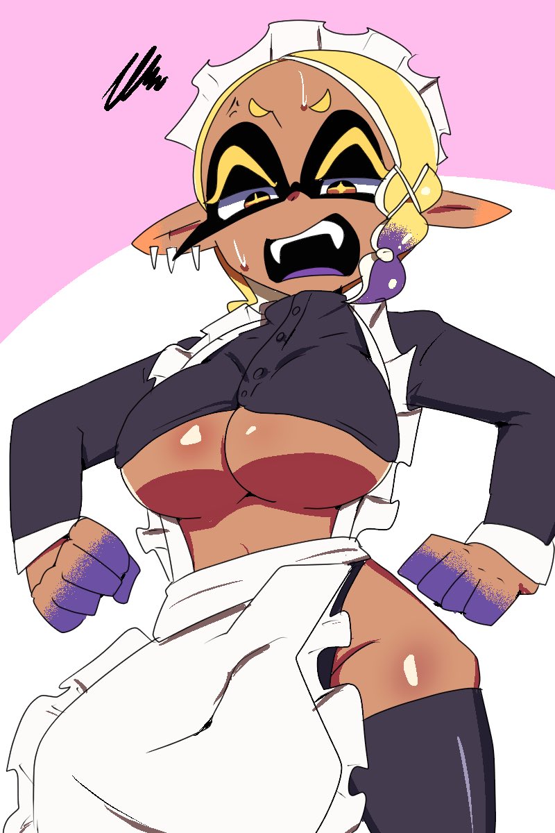 2024 angry_expression angry_face background big_breasts black_clothing black_eyelashes black_legwear breasts dark-skinned_female dark_skin digital_media_(artwork) ear_piercing frye_(splatoon) frye_onaga hi_res legwear maid maid_dress maid_hat maid_headdress maid_outfit maid_uniform multicolored_hair nintendo open_mouth pointy_eared_humanoid pointy_ears pseudo_hair purple_tongue scarf sharp_teeth splatoon splatoon_(series) splatoon_3 sweat sweatdrop white_scarf yellow_eyelashes yellow_eyes yellow_hair