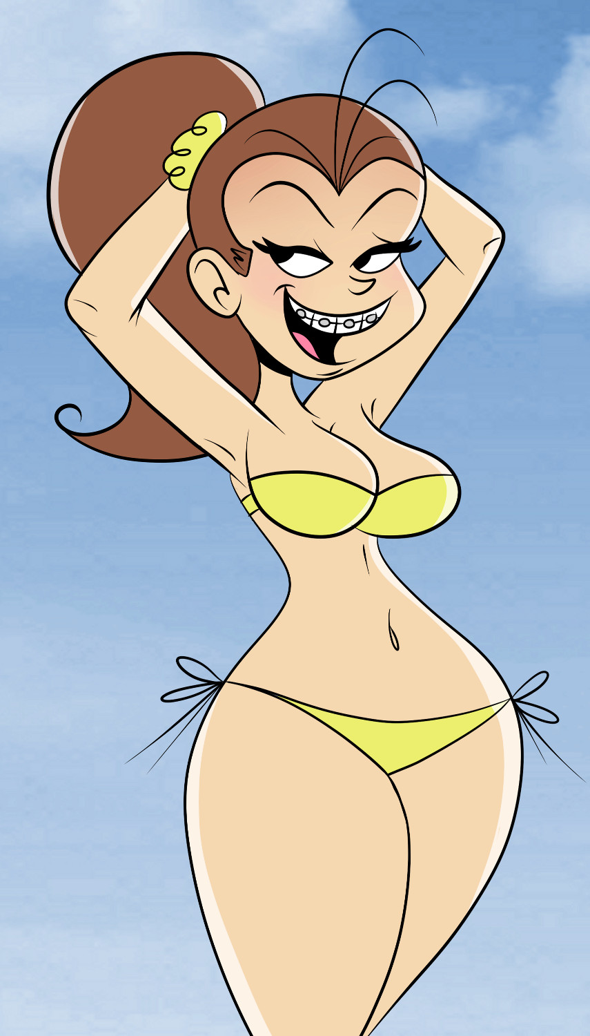 armpits, bikini, black eyes, blush, braces, breasts, brown hair, cleavage, clothed, cowboy shot, curvy, eyelashes, female, female only, half-closed eyes, hands behind head, human, large breasts, long hair, luan loud, narrow shoulders, navel, nickelodeon, open mouth, ponytail, scobionicle99, scrunchie, side-tie bikini, smile, solo, standing, straight hair, the loud house, thick thighs, thin waist, tied hair, wide hips, yellow bikini
