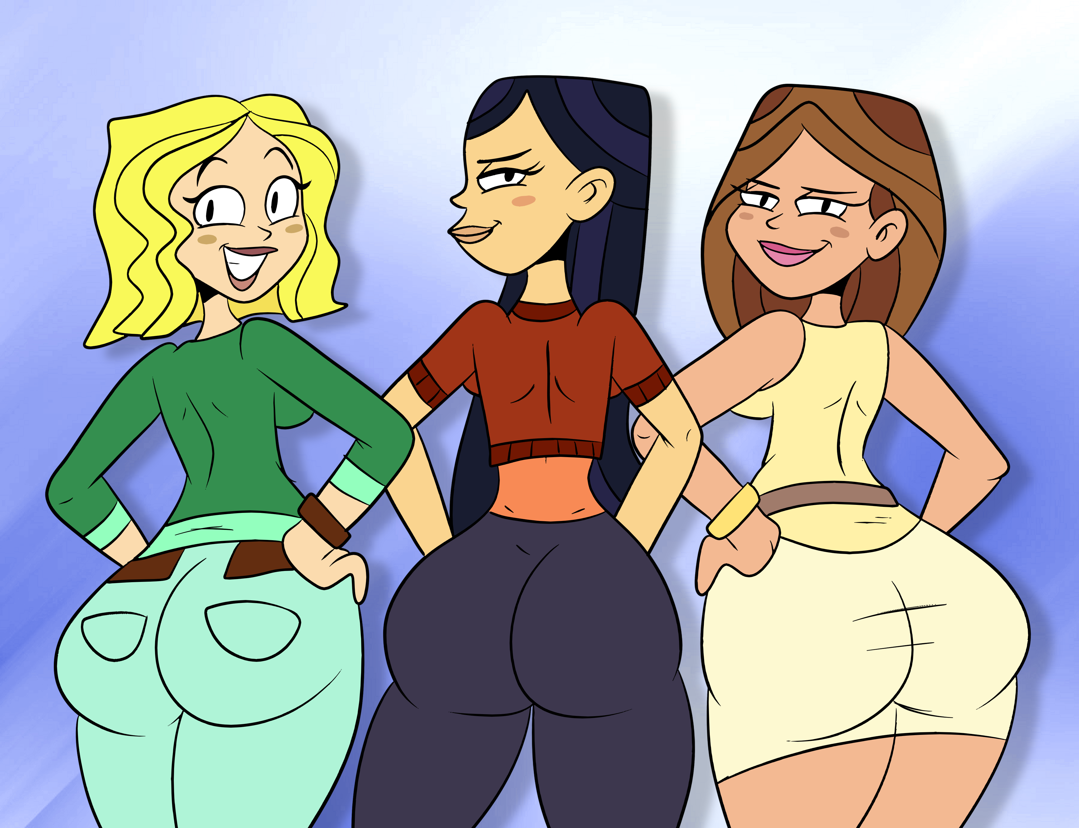 3girls, absurdres, ass, backboob, black eyes, blonde hair, blush, blush stickers, bracelet, breasts, brown hair, carrie (tdi), clothed, clothes, cowboy shot, emma (tdi), eyelashes, female, female only, half-closed eyes, hands on hips, highres, huge ass, human, jeans, lipstick, long hair, medium breasts, multiple females, pink lipstick, scobionicle99, short hair, sideboob, skin tight, skirt, standing, taylor (tdi), the ridonculous race, thick thighs, total drama island, very long hair, wavy hair, wide hips