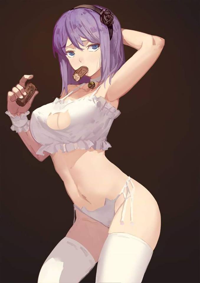 blue eyes, breasts, cat keyhole bra, cat lingerie, curvy, dagashi kashi, eating, female, hair flower, hair ornament, large breasts, shidare hotaru