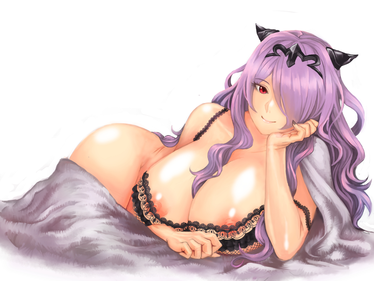 breasts, camilla (fire emblem), female, fire emblem, fire emblem fates, hair ornament, large breasts, lingerie, long hair, nintendo, nipples, pocari66, purple hair, red eyes, smile, solo
