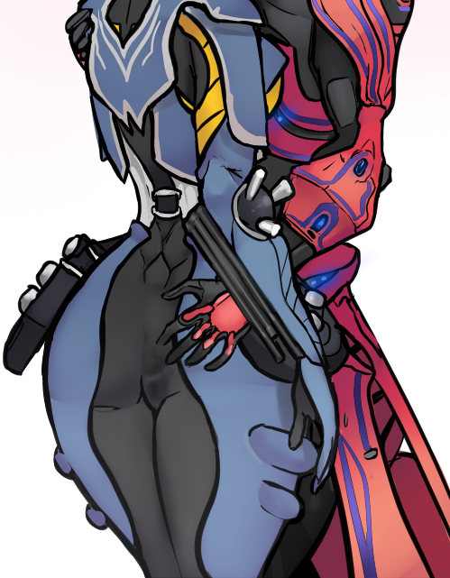 2girls bodysuit female female_only mesa_(warframe) multiple_girls spread_anus trinity_(warframe) warframe yuri