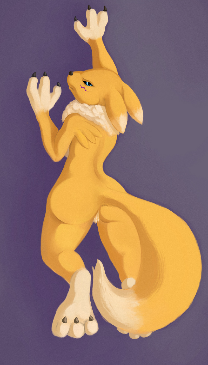 anthro ass black_sclera blue_eyes breasts claws digimon digitigrade female fur looking_at_viewer looking_back lying neck_tuft nude nyar on_front presenting presenting_hindquarters pubes renamon sideboob simple_background solo tuft wide_hips yellow_fur