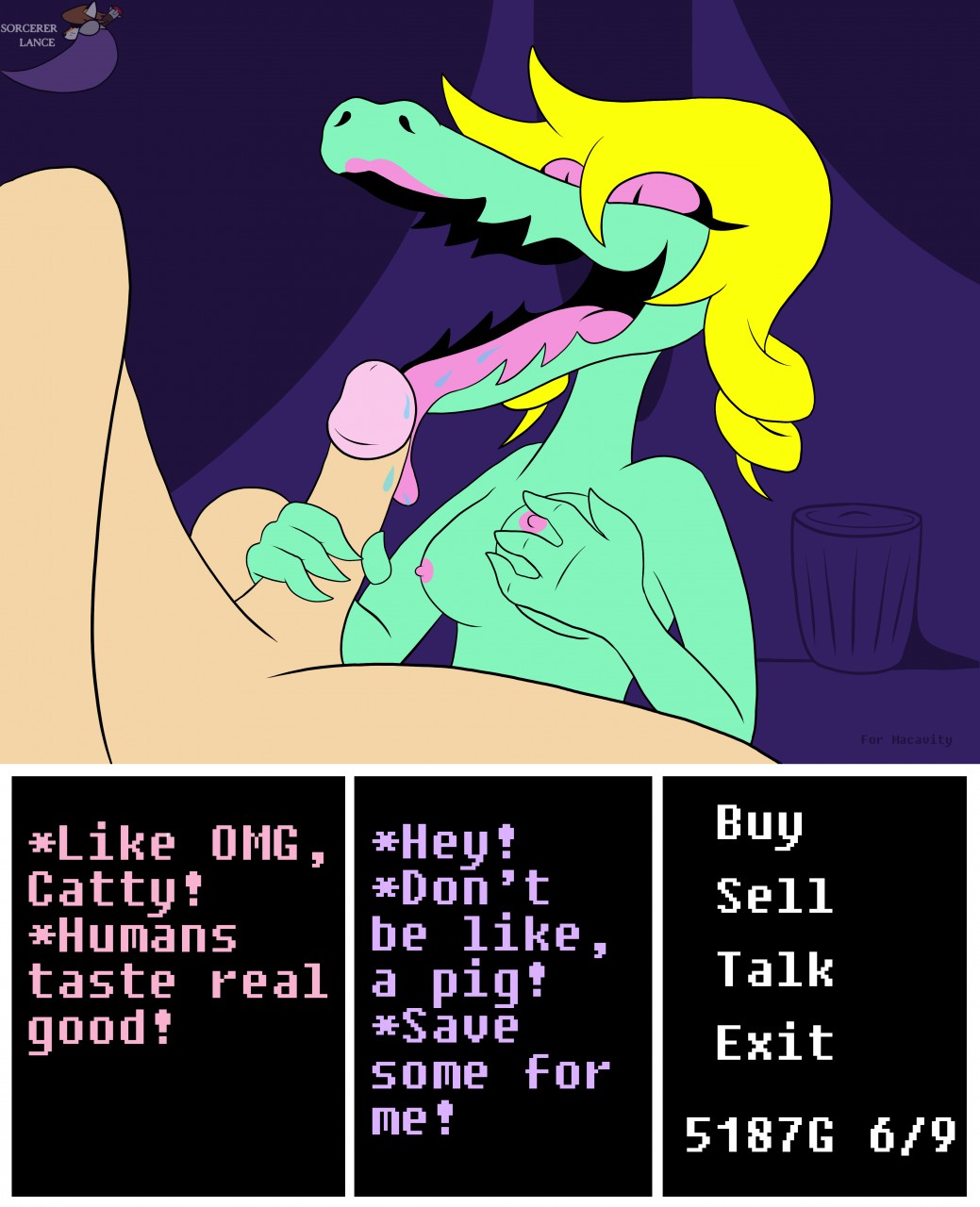 alligator anthro blonde_hair bratty_(undertale) breast_grab breasts dialog english_text faceless_male female gameplay_mechanics hair hand_on_breast human licking male mammal nipples nude open_mouth oral penis pink_eyes reptile saliva scalie sex sorcererlance straight text tongue tongue_out undertale video_games