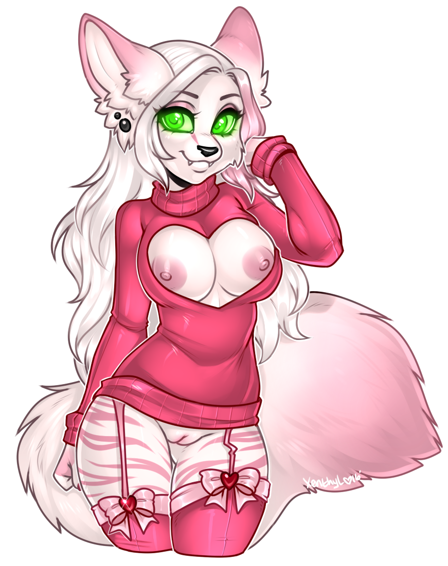 anthro big_breasts bow breasts clothing ear_piercing fangs feline female green_eyes hair keyhole_turtleneck legwear long_hair looking_at_viewer mammal nipples piercing pussy smile stockings sweater white_hair wide_hips xenthyl