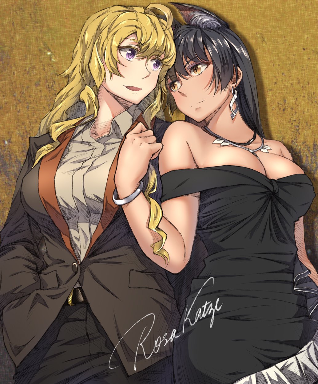 :d, 2girls, ahoge, alternate costume, animal ear fluff, animal ears, arm at side, artist name, bangle, bangs, bare arms, bare shoulders, belt, black belt, black dress, black hair, black jacket, black pants, blake belladonna, blonde hair, blush, bracelet, breasts, brown eyes, canon couple, cat ears, cleavage, clenched hand, closed mouth, collared shirt, commentary, couple, cowboy shot, dress, duo, earrings, eye contact, eyebrows visible through hair, eyeshadow, female, female only, formal, gradient, gradient background, grey jacket, hair between eyes, hand in pocket, hand up, happy, head tilt, highres, interspecies, jacket, jewelry, large breasts, long hair, looking at another, makeup, multiple females, multiple girls, mutual yuri, neck, necklace, off shoulder, off-shoulder dress, open clothes, open jacket, open mouth, pants, purple eyes, romantic, rosa katze, rwby, shirt, side-by-side, signature, slit pupils, smile, suit, white shirt, wing collar, yang xiao long, yuri