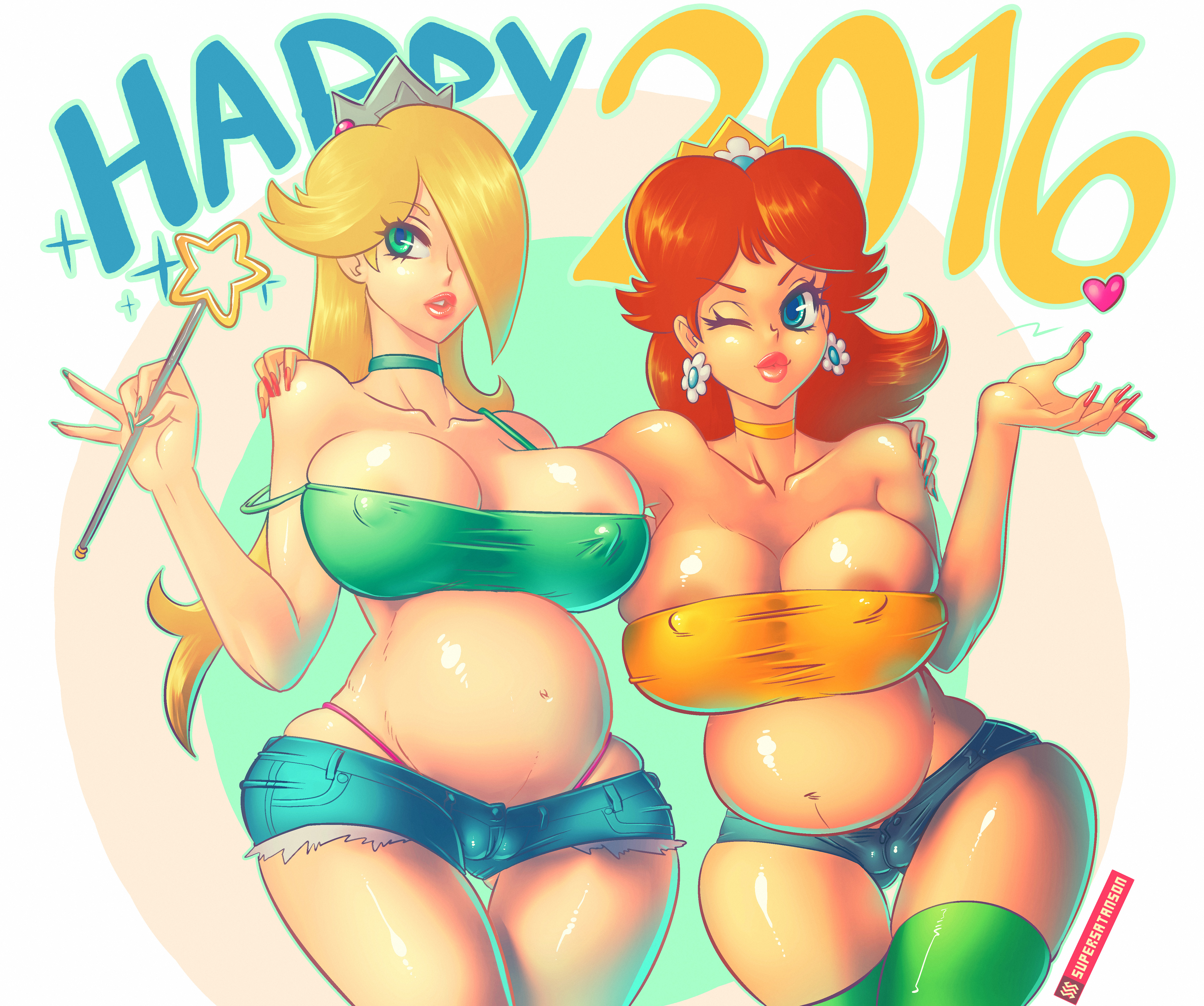 2016, 2girls, areola, bimbo, blonde hair, blue eyes, breasts, brown hair, busty, cameltoe, choker, cleavage, clothing, crop top, crown, earrings, erect nipples, female, female only, hair over one eye, highres, huge belly, human, jean shorts, long hair, mario (series), milf, multiple females, multiple girls, multiple pregnancies, new year, nintendo, nipple bulge, nipples, pregnant, princess daisy, princess rosalina, pussy, ready to pop, revealing clothes, short shorts, shorts, standing, supersatanson, tank top, text, thigh gap, tubetop, voluptuous, wand, whale tail, wink