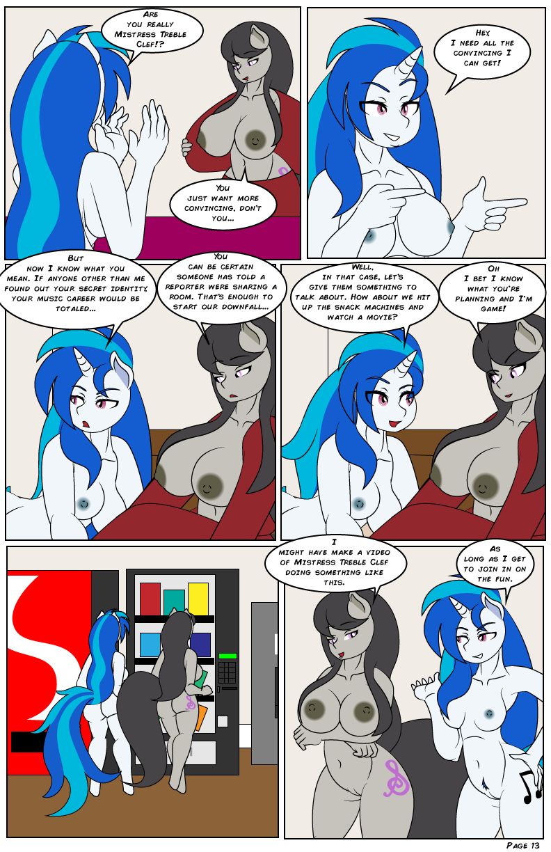 2girls anthro anthrofied areola big_breasts black_nipples blue_hair breasts busty cleavage clothed clothing comic cutie_mark dekomaru dialogue duo earth_pony english_text equine female friendship_is_magic fur grey_fur grey_hair grey_nipples hair horn horse mammal my_little_pony navel nipples nude octavia_melody page_13 page_number pony pubes pussy straight_hair text thehotroom undressing unicorn vinyl_scratch vinyl_scratch_(mlp) voluptuous white_fur yuri