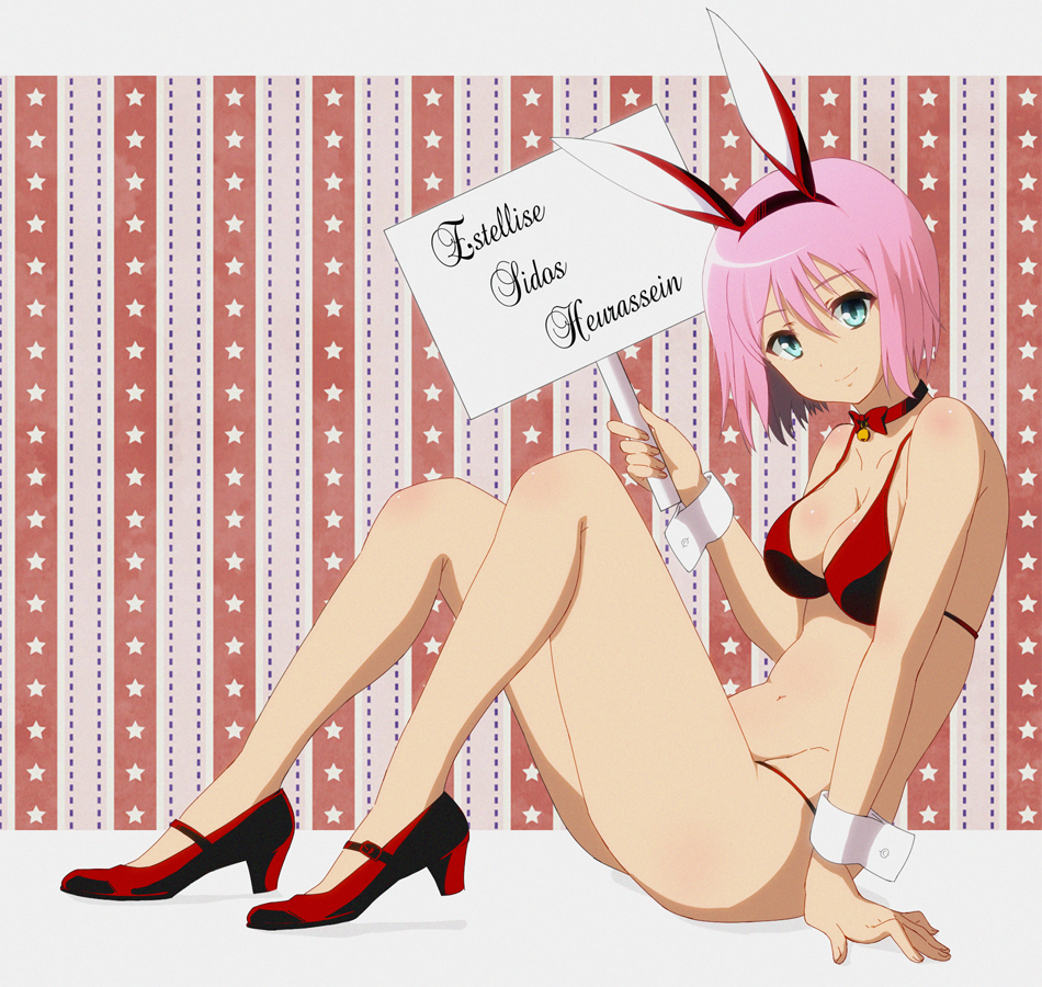 animal_ears bikini breasts bunny_ears character_name choker estellise_sidos_heurassein female green_eyes mokkei navel pink_hair placard short_hair sign solo swimsuit tales_of_(series) tales_of_vesperia wrist_cuffs