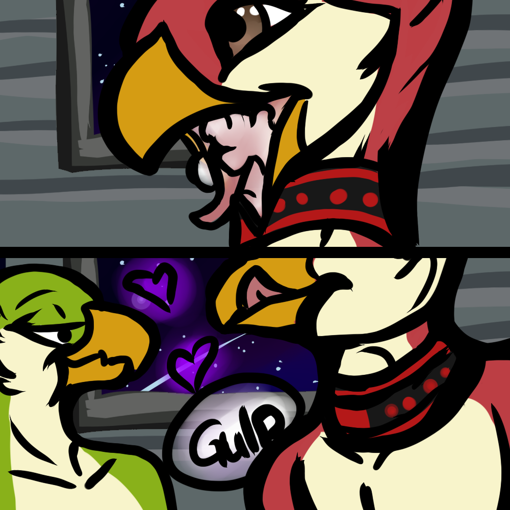 2016 anonyartist anthro askos avian avian_(starbound) beak bird brown_eyes collar cum cum_in_beak cum_in_mouth cum_inside cum_swallow cute duo feathers float floating green_feathers licking licking_lips maladash male open_mouth penis red_feathers space space_background star starbound the_look tongue tongue_out video_games wall yaoi