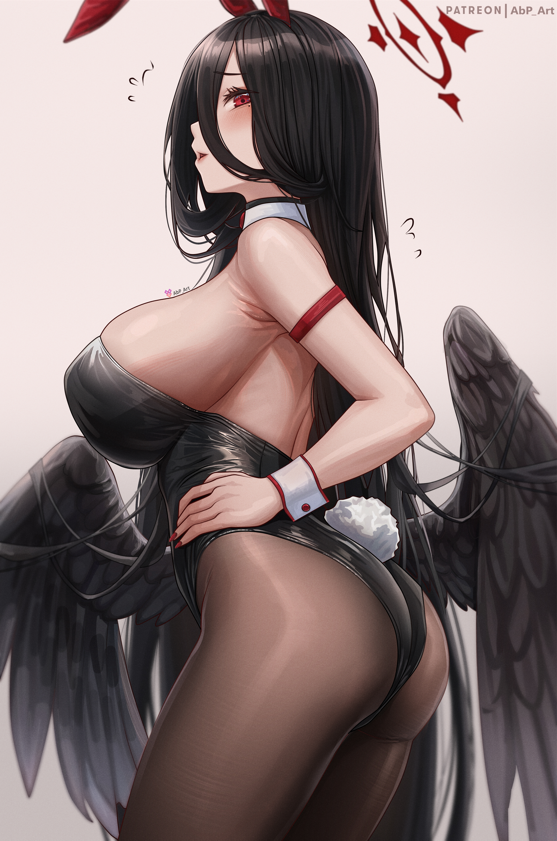 1girls, abp art, ass, black hair, blue archive, breasts, bunny ears, bunny girl, bunny tail, bunnysuit, detached collar, fake animal ears, female, halo, hasumi (blue archive), hi res, huge breasts, justice task force (blue archive), large ass, large breasts, leopard, long hair, massive breasts, nail polish, painted nails, pantyhose, red eyes, red nails, thick thighs, trinity general school student, wide hips, wings, wrist cuffs