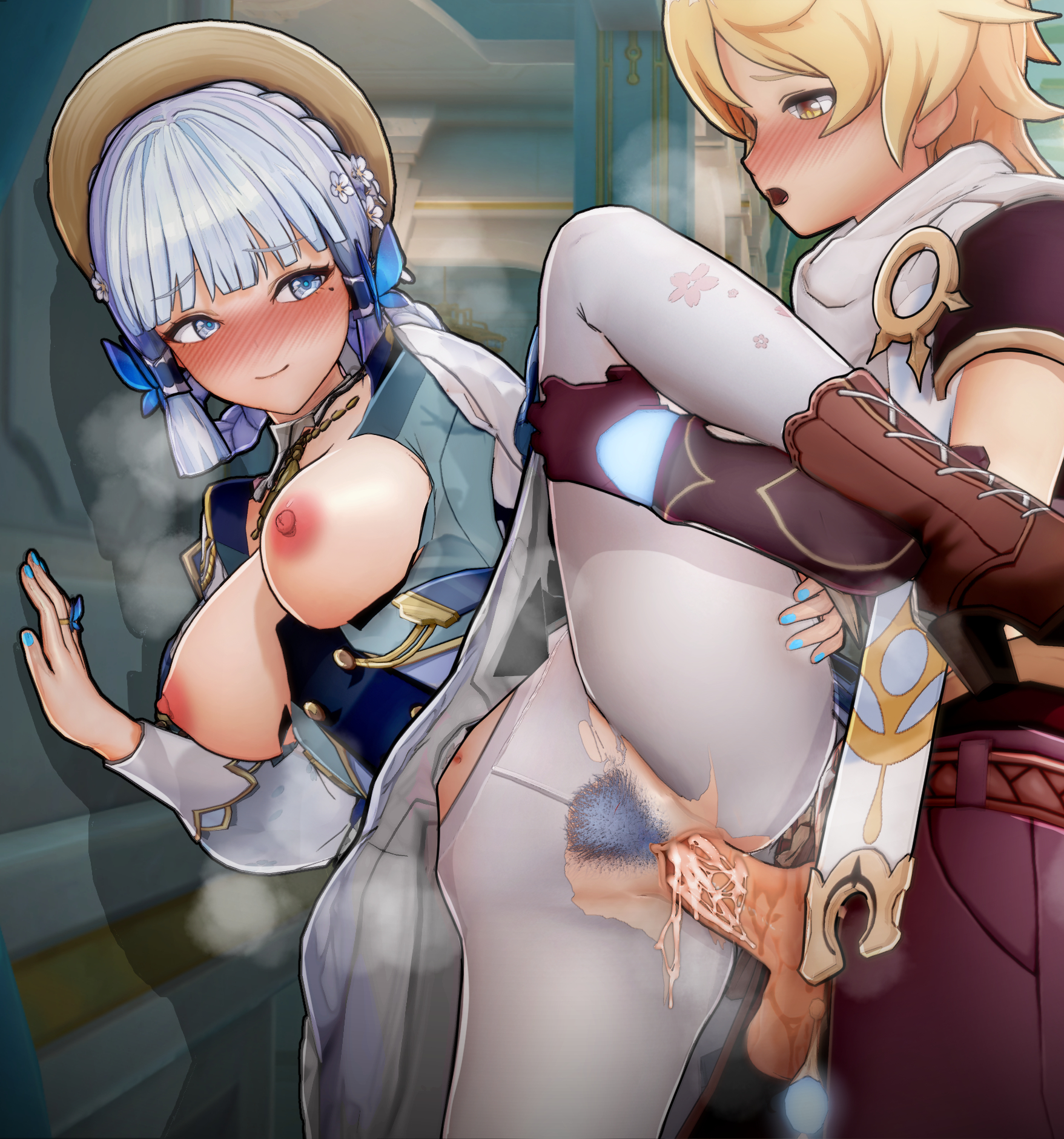 1boy, 1girls, actuale, aether (genshin impact), blonde hair, blue eyes, blue hair, blue pubic hair, blush, breasts, butterfly hair ornament, choker, clothed sex, clothing, cum, cum in pussy, cum inside, cum on penis, eyebrows visible through hair, eyelashes, female, flower, flower in hair, genshin impact, golden eyes, hat, headwear, holding leg, hoyoverse, kamisato ayaka, kamisato ayaka (springbloom missive), leg grab, leg up, male, mihoyo, mole, mole under eye, nipples, penetration, penis, pubic hair, pussy, ripped clothing, sex, short hair, smile, smiling at partner, spread legs, torn clothes, vaginal penetration, white legwear