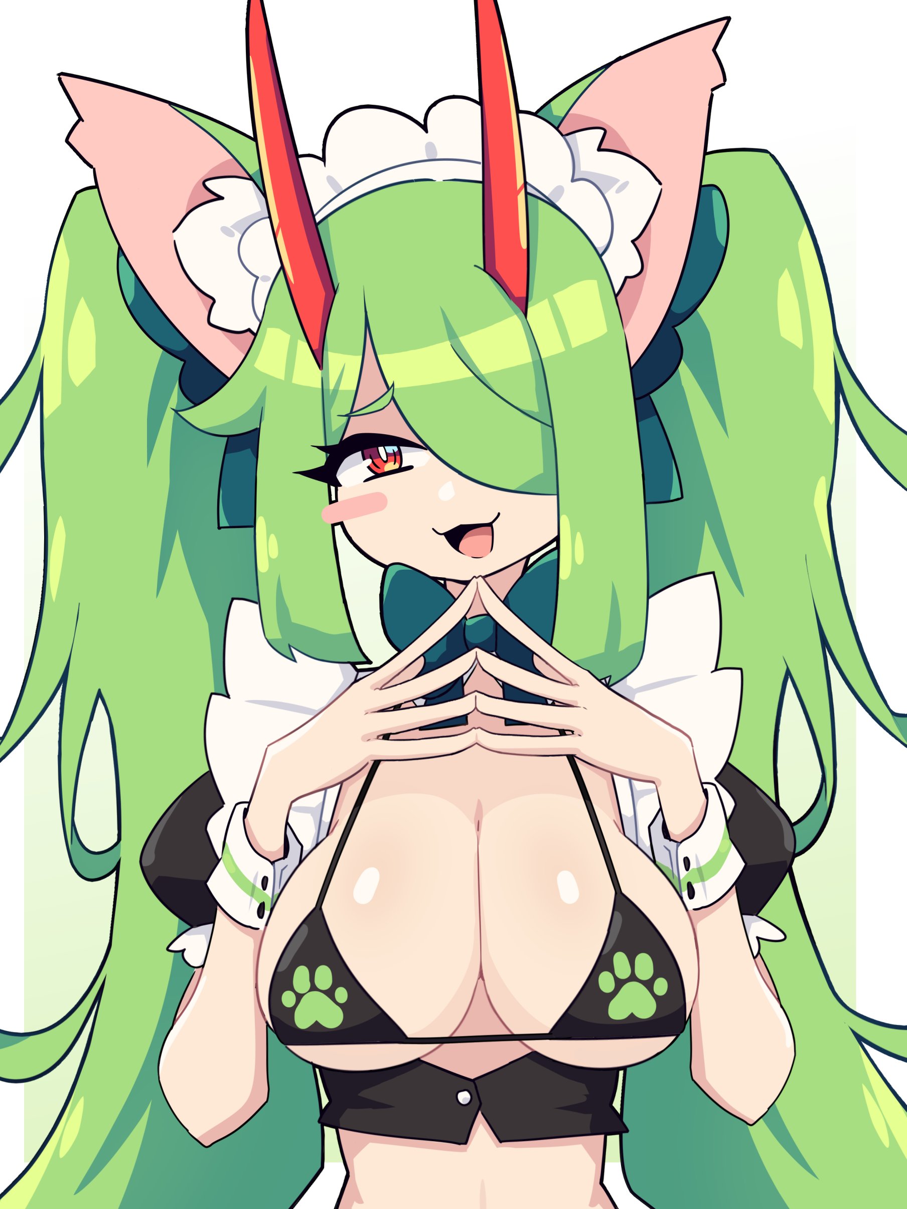 1girls, 2023, bikini top, breasts, cat ears, cat girl, catgirl, cheek spots, dew (j5daigada), dragon girl, female, female only, green hair, hair over one eye, hi res, horns, hybrid, j5daigada, long hair, looking at viewer, maid headdress, maid uniform, neck ribbon, red eyes, smiling, smiling at viewer, solo, three-quarter portrait, twintails, wrist cuffs