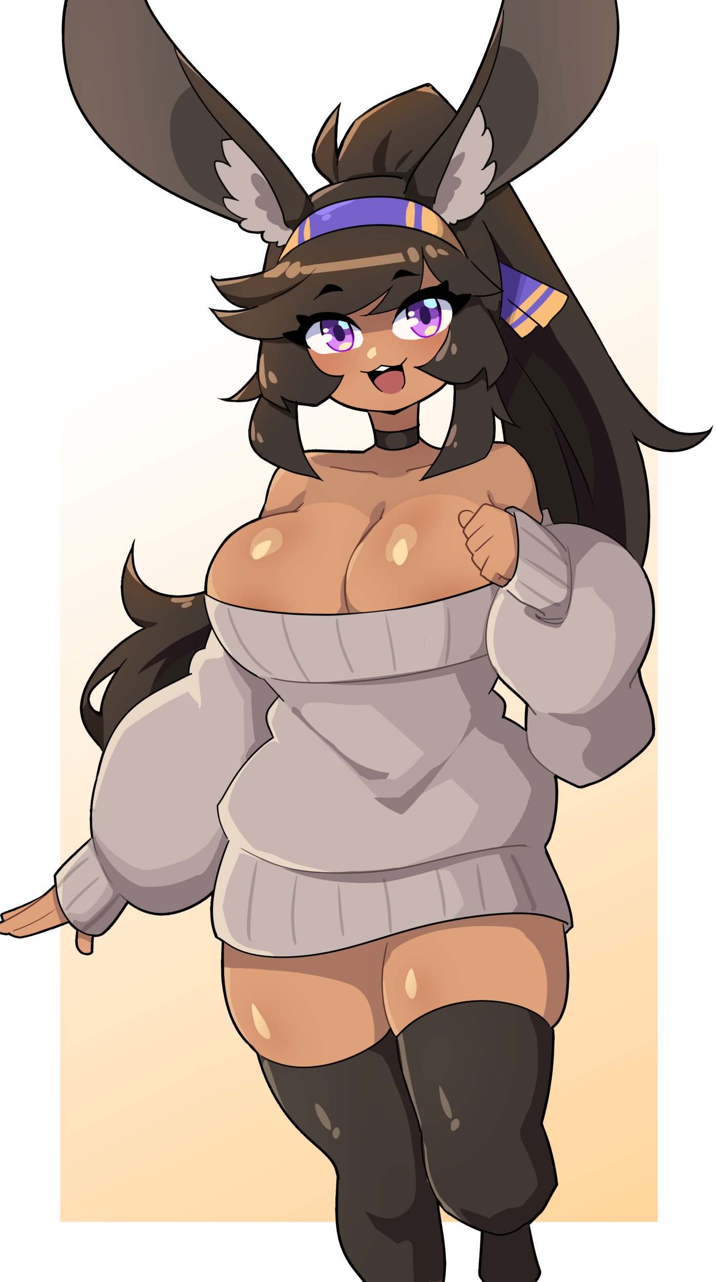 1girls, 2024, bare shoulders, big breasts, breasts, brown hair, brown skin, bunny ears, bunny girl, choker, cleavage, commission, female, female only, hairband, hi res, high ponytail, j5daigada, long hair, looking at viewer, ponytail, purple hair, smiling, smiling at viewer, solo, sweater, thick thighs, thigh squish, thighhighs