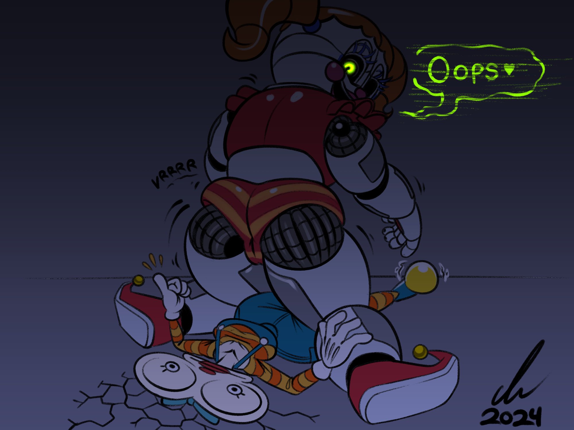 2d, 2girls, after facesitting, ass, baby (fnafsl), circus baby, circus baby (fnaf), female, female/female, five nights at freddy's, five nights at freddy's: sister location, full color, fully clothed, multiple females, multiple girls, no penetration, no sex, pierump, presenting ass, robot girl, text