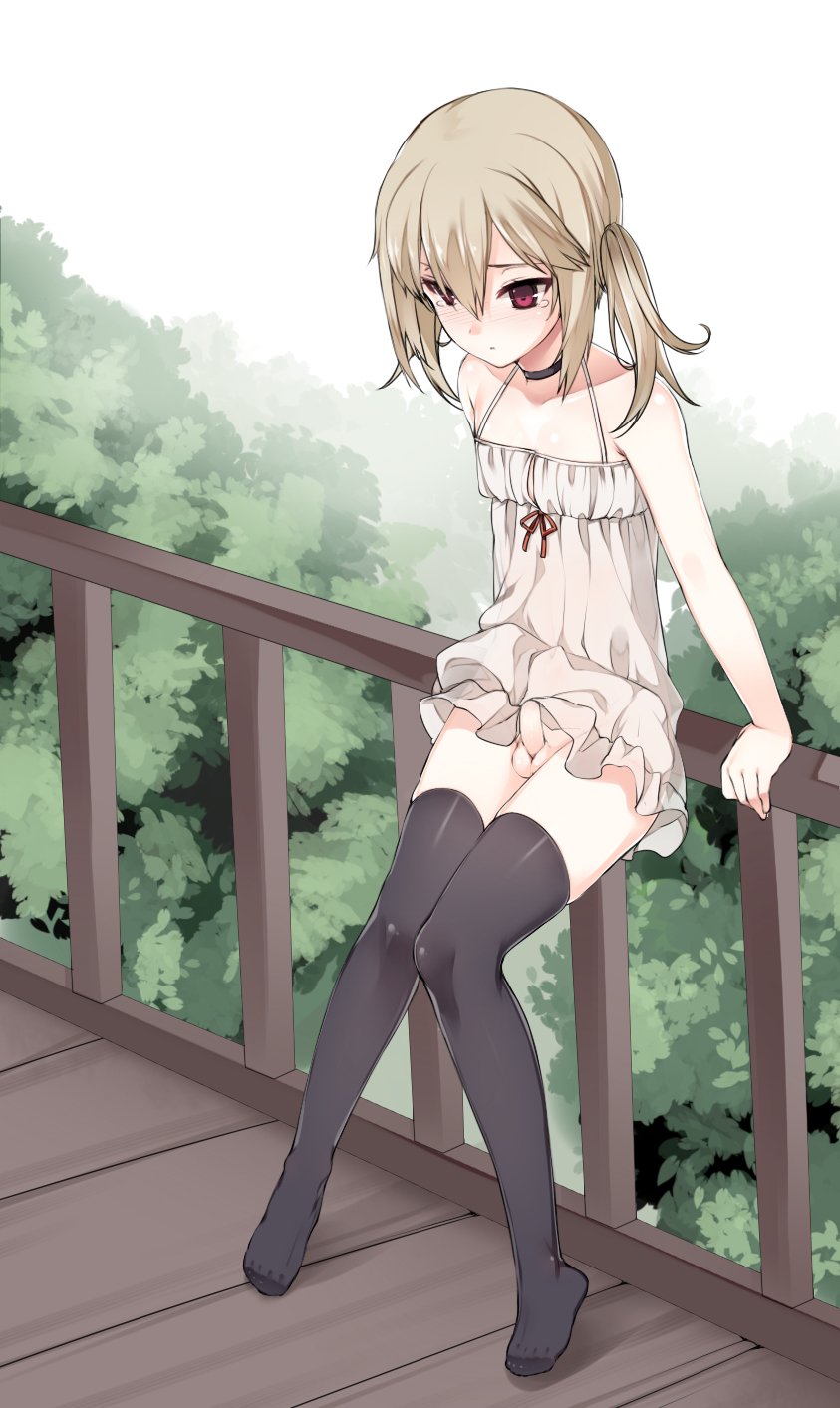 1boy androgynous arm_support black_legwear blush bottomless brown_hair camisole censored choker crossdressing erection highres knees_together_feet_apart kuro_(kuronell) little_penis long_hair original outdoors penis red_eyes sitting small_penis tears testicles thighhighs tied_hair trap twintails