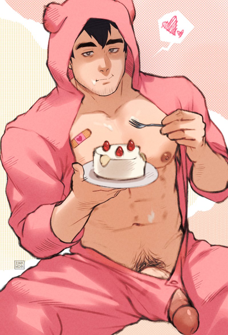 1boy animal_hood artist_name bandaid bandaid_on_chest bara bare_pectorals cake closed_mouth commission erection facial_hair food food_on_face fork holding holding_fork holding_plate hood hood_up large_pectorals looking_at_viewer male_focus male_pubic_hair muscular muscular_male open_clothes open_pajamas original pajamas pectorals penis pink_pajamas plate pubic_hair solo zink_(zink_mchn)