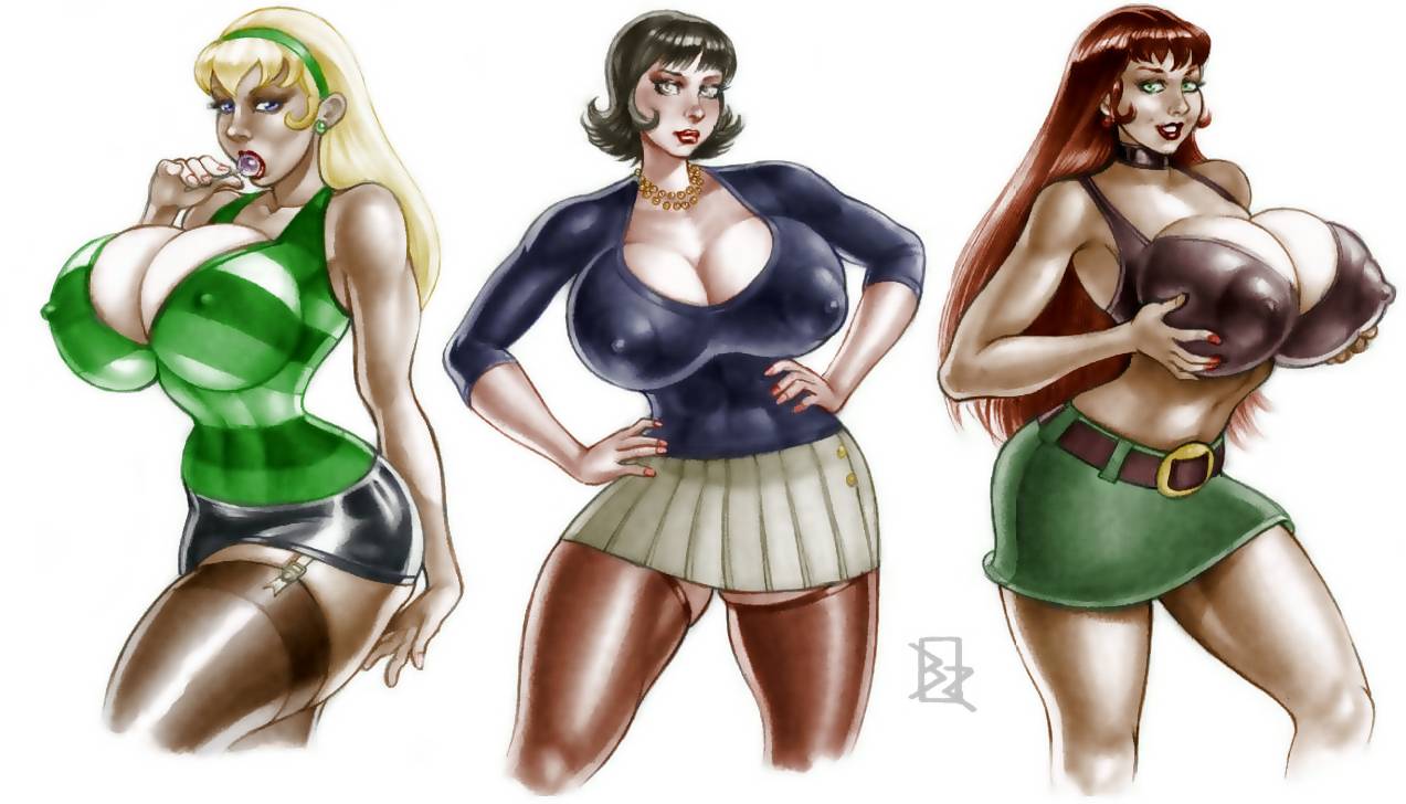 3girls betty_brant big_breasts bimbo black_hair blonde_hair blue_eyes breasts breasts_bigger_than_head busty cleavage comic_book_character erect_nipples female female_only garter_straps green_eyes gwen_stacy gwen_stacy_(classic) hourglass_figure huge_breasts human human_only light-skinned_female light_skin lollipop marvel mary_jane_watson nipples red_hair rinaldi skirt spider-man_(series) voluptuous voluptuous_female