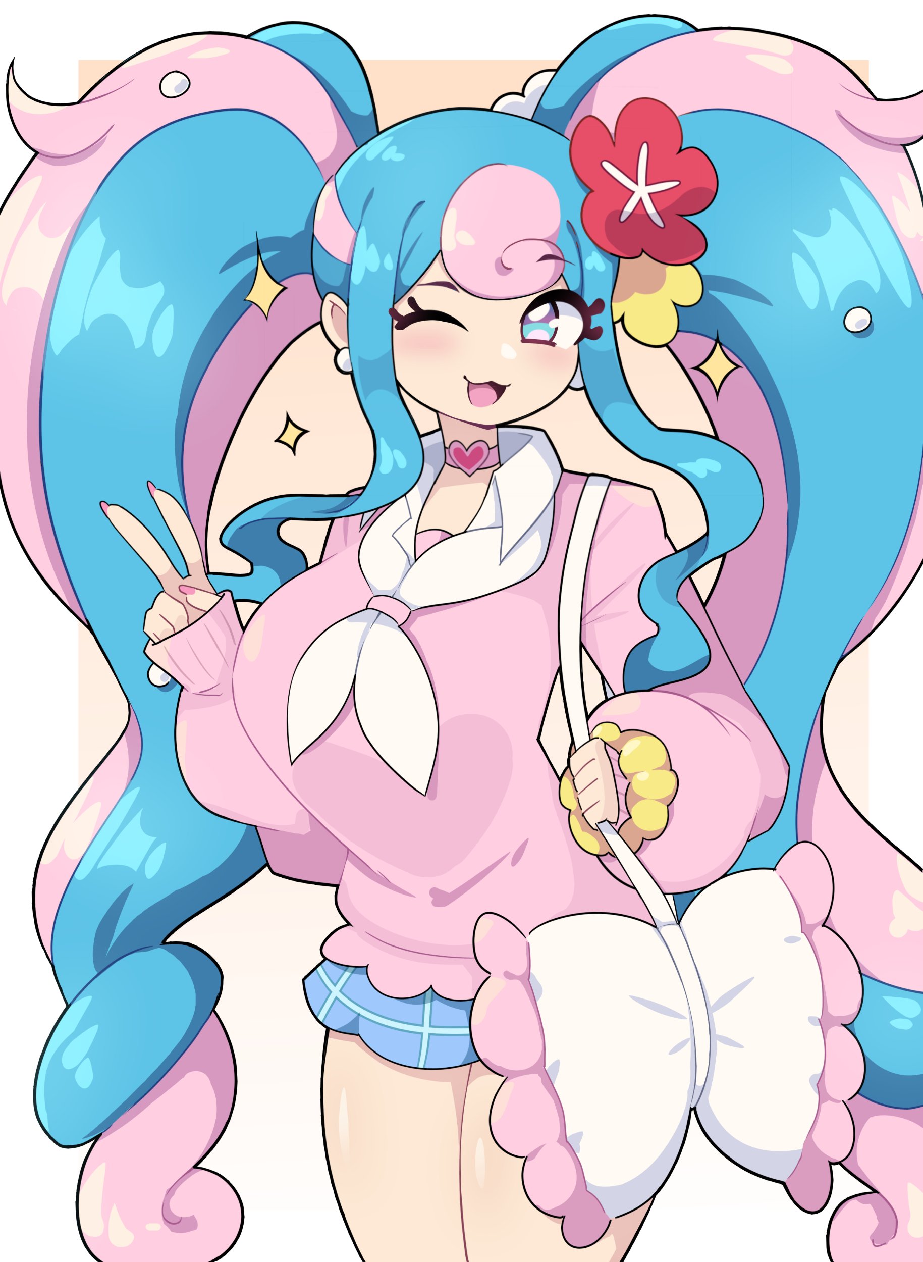 1girl, 1girls, 2023, bag, blue eyes, blue hair, blush, breasts, choker, earrings, female, female only, flower, gyaru, hair flower, hair ornament, hatsune miku, hatsune miku (fairy-type trainer), hi res, j5daigada, jewelry, large breasts, long hair, looking at viewer, multicolored hair, nintendo, one eye closed, open mouth, pink hair, pokemon, project voltage, skirt, smile, smiling, smiling at viewer, solo, sparkles, sweater, twintails, two-tone hair, v, v sign, very long hair, vocaloid, wink, winking at viewer