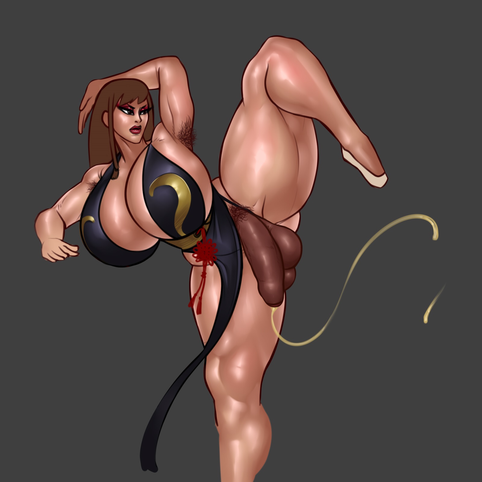 1futa, alternate version available, armpit hair, armpits, ass, balls, bimbo, breasts, brown eyes, brown hair, capcom, china dress, chinese dress, chun-li, chun-li (battle ouffit sfv), cleavage, cum, cum drip, cum string, cum trail, curvy, dark penis, dress, eyeshadow, flaccid, foreskin, futa only, futanari, hands-free, human, hyper, hyper ass, hyper balls, hyper breasts, hyper penis, intersex, leg up, lipstick, long hair, makeup, muscular, muscular futa, no panties, penis, penis under clothes, penis under skirt, pubic hair, raised leg, rampage0118, skirt, skirt lift, solo, street fighter, thick thighs, uncircumcised, wide hips