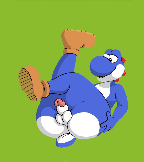 anthro ass balls blue_yoshi catfistingparty_(artist) clothing erection footwear footwear_only genitals green_background half-closed_eyes hand_on_butt legs_in_air lying male mario_(series) mostly_nude narrowed_eyes nintendo on_back penis raised_leg shoes shoes_only simple_background smile solo style_emulation yoshi