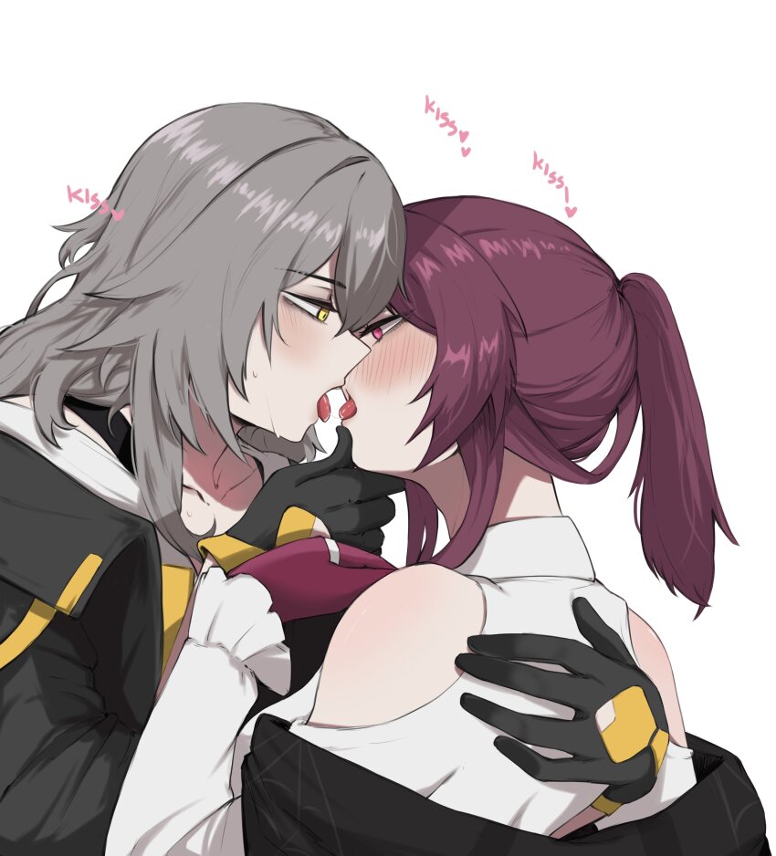 2girls absurdres after_kiss blush gloves grabbing_another's_chin grey_hair hand_on_another's_chin highres honkai:_star_rail honkai_(series) kafka_(honkai:_star_rail) masoq095 multiple_girls purple_eyes purple_hair saliva saliva_trail stelle_(honkai:_star_rail) tongue tongue_out yellow_eyes yuri