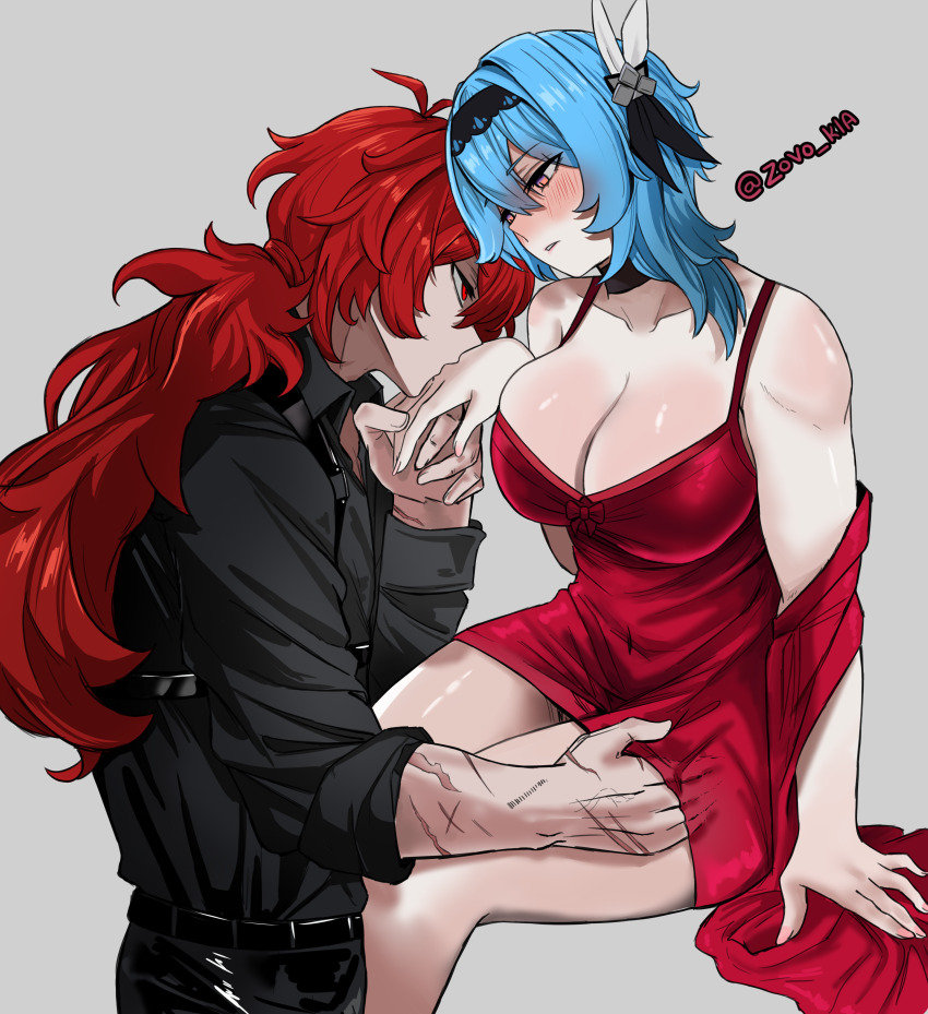 1boy absurdres alternate_costume blue_eyes blue_hair blush breasts commentary couple diluc_(genshin_impact) dress english_commentary eula_(genshin_impact) female genshin_impact hand_on_another's_thigh highres kissing kissing_hand large_breasts long_hair masoq095 red_dress red_eyes red_hair scar scar_on_arm short_hair simple_background sitting straight twitter_username white_background