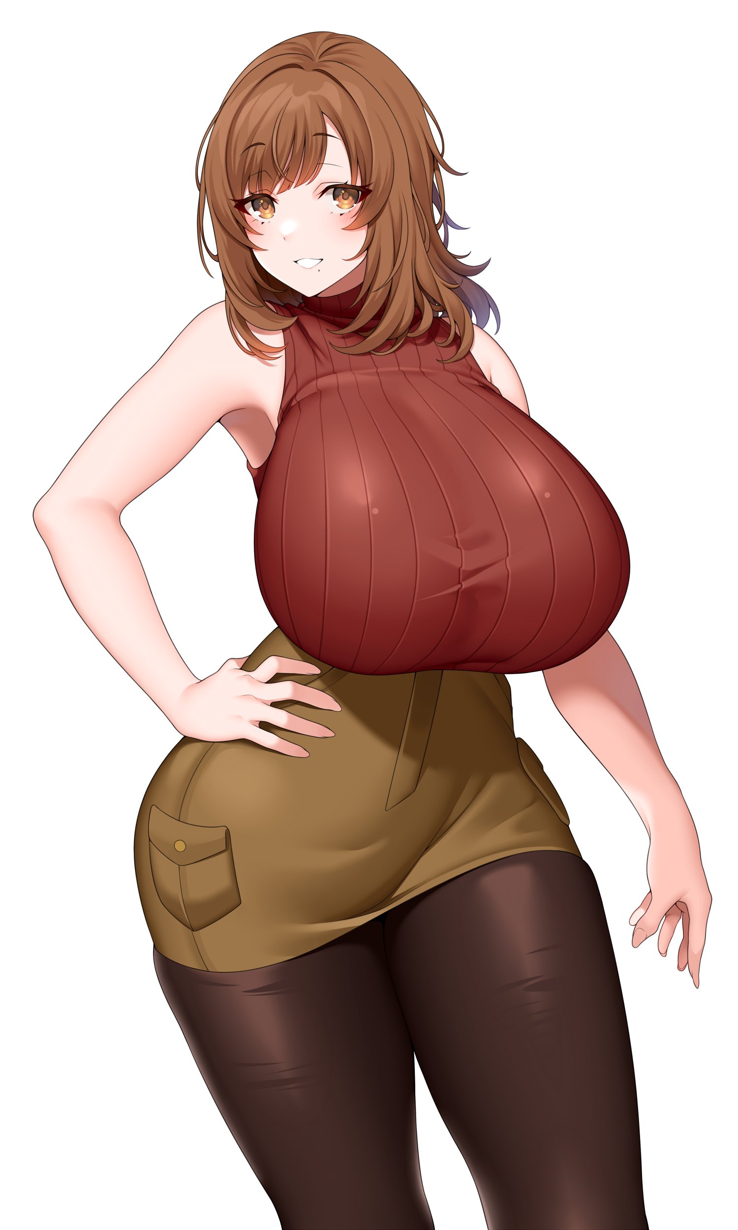 1girls, 2023, big breasts, breasts, brown eyes, brown hair, female, female only, hand on hip, hi res, long hair, looking at viewer, pantyhose, skirt, sleeveless sweater, smiling, smiling at viewer, solo, suruga (xsurugax), sweater, teeth showing, white background, wide hips