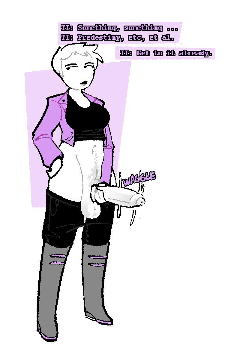 1futa balls big_penis bottomless breasts clothed clothing dialogue english_text erection foreskin futa_only futanari half-dressed homestuck homestuck^2 human inviting ms_paint_adventures partially_clothed penis pubic_hair rose_lalonde short_hair smooth_balls smooth_penis solo solo_futa standing text wagging wagging_penis white_hair white_skin xenopavilia