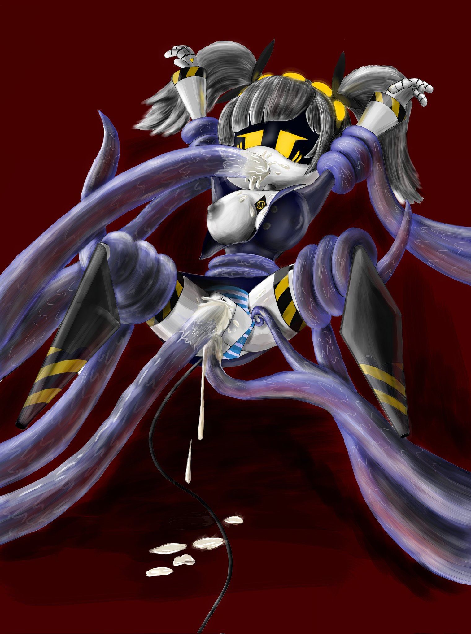 1girls, 2d, anal, anal penetration, blue panties, breasts, female, female only, female penetrated, humanoid, j (murder drones), murder drones, nipples, no bra, oral, oral penetration, penetration, pussy, robot, robot girl, robot humanoid, screen face, striped panties, tentacle, tentacle sex, vaginal penetration