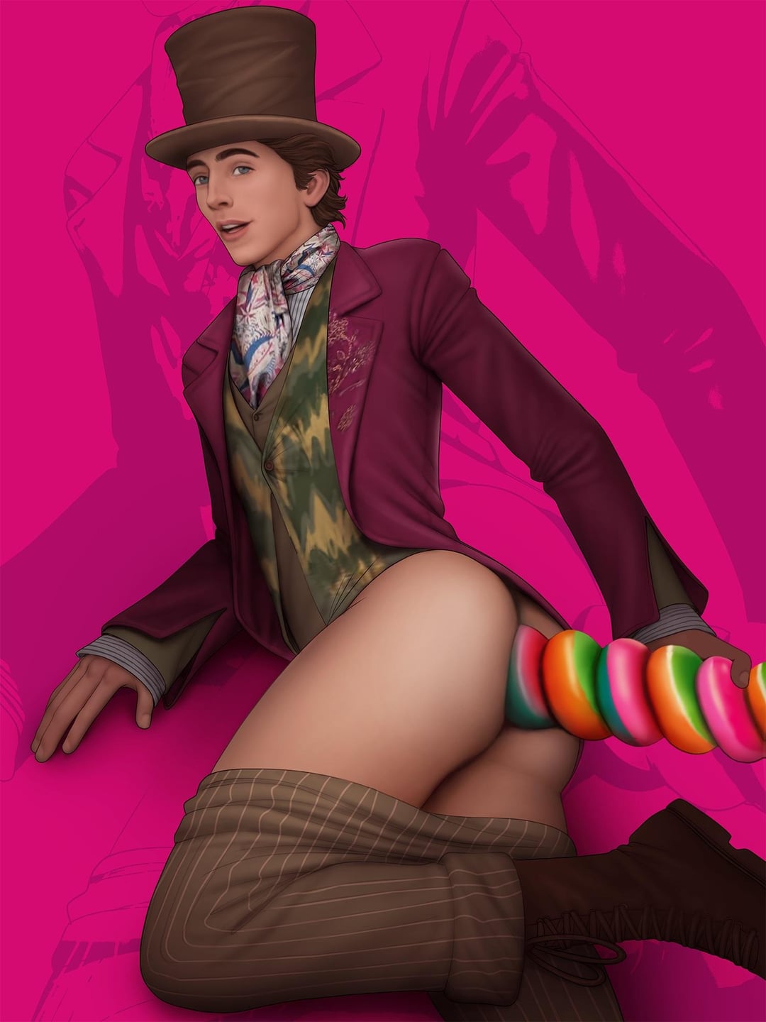 actor anal_insertion anal_masturbation candy caucasian caucasian_male celebrity clothed drawnpr0n food_insertion food_play in_character lollipop male male_only pants_down pink_background suit timothee_chalamet top_hat warner_bros warner_brothers willy_wonka willy_wonka_and_the_chocolate_factory wonka_(2023)