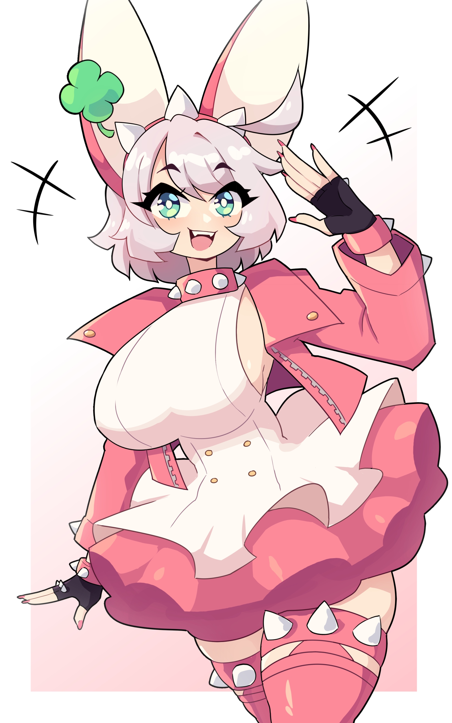 1girls, 2023, animal ears, arc system works, big breasts, breasts, commission, dress, elphelt valentine, female, female only, fingerless gloves, green eyes, guilty gear, guilty gear strive, hi res, j5daigada, jacket, looking at viewer, open mouth, smiling, smiling at viewer, solo, spiked collar, spiked hairband, spiked legband, white hair