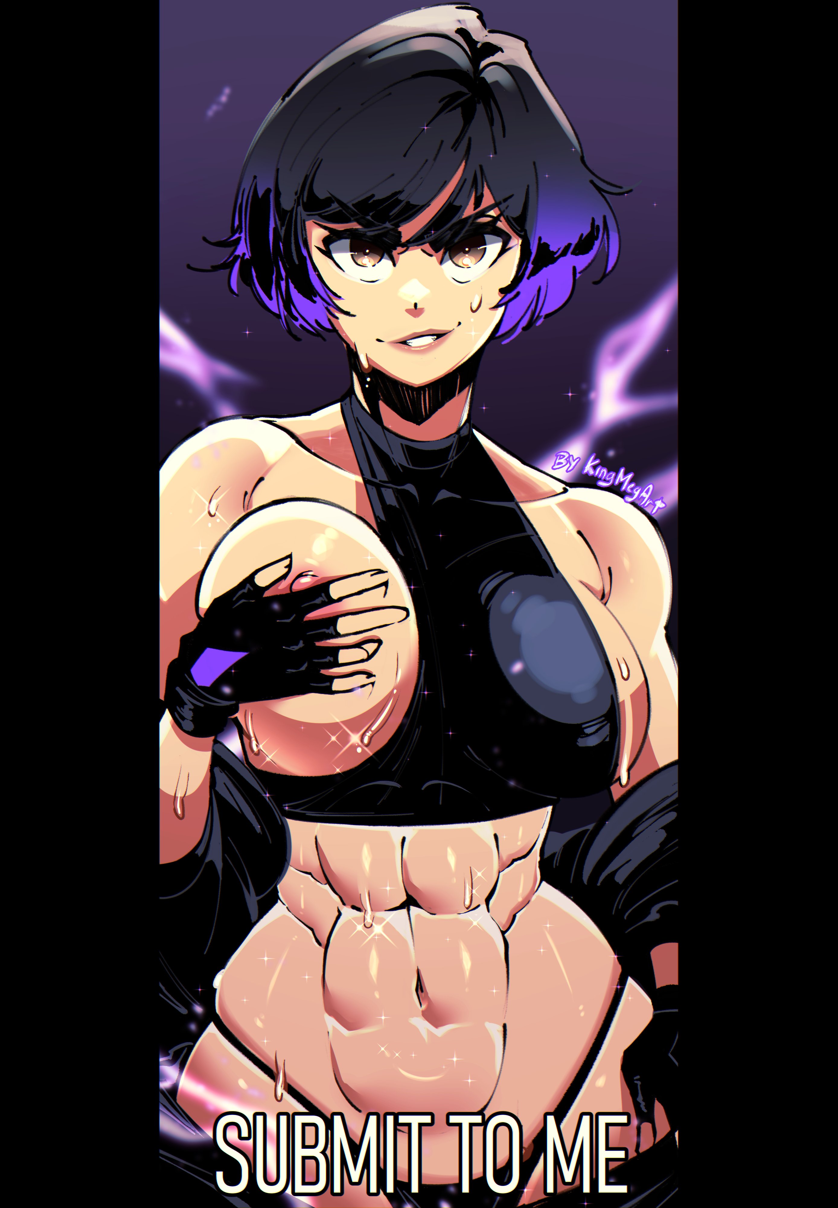 abs, absurdres, black border, black gloves, black hair, black panties, border, breasts, brown eyes, brown lips, clothes pull, colored tips, commentary, crop top, english commentary, english text, female, fingerless gloves, gloves, halterneck, highres, king meg art, large breasts, long sleeves, midriff, multicolored hair, muscular, muscular female, namco, navel, nipple stimulation, nipple tweak, nipples, off shoulder, one breast out, panties, pants, pants pull, pulled by self, purple hair, rape face, reina mishima, short hair, skindentation, solo, subtitled, sweat, tekken, tekken 8, tweaking own nipple, two-tone hair, unaligned breasts, underwear, undressing, very sweaty