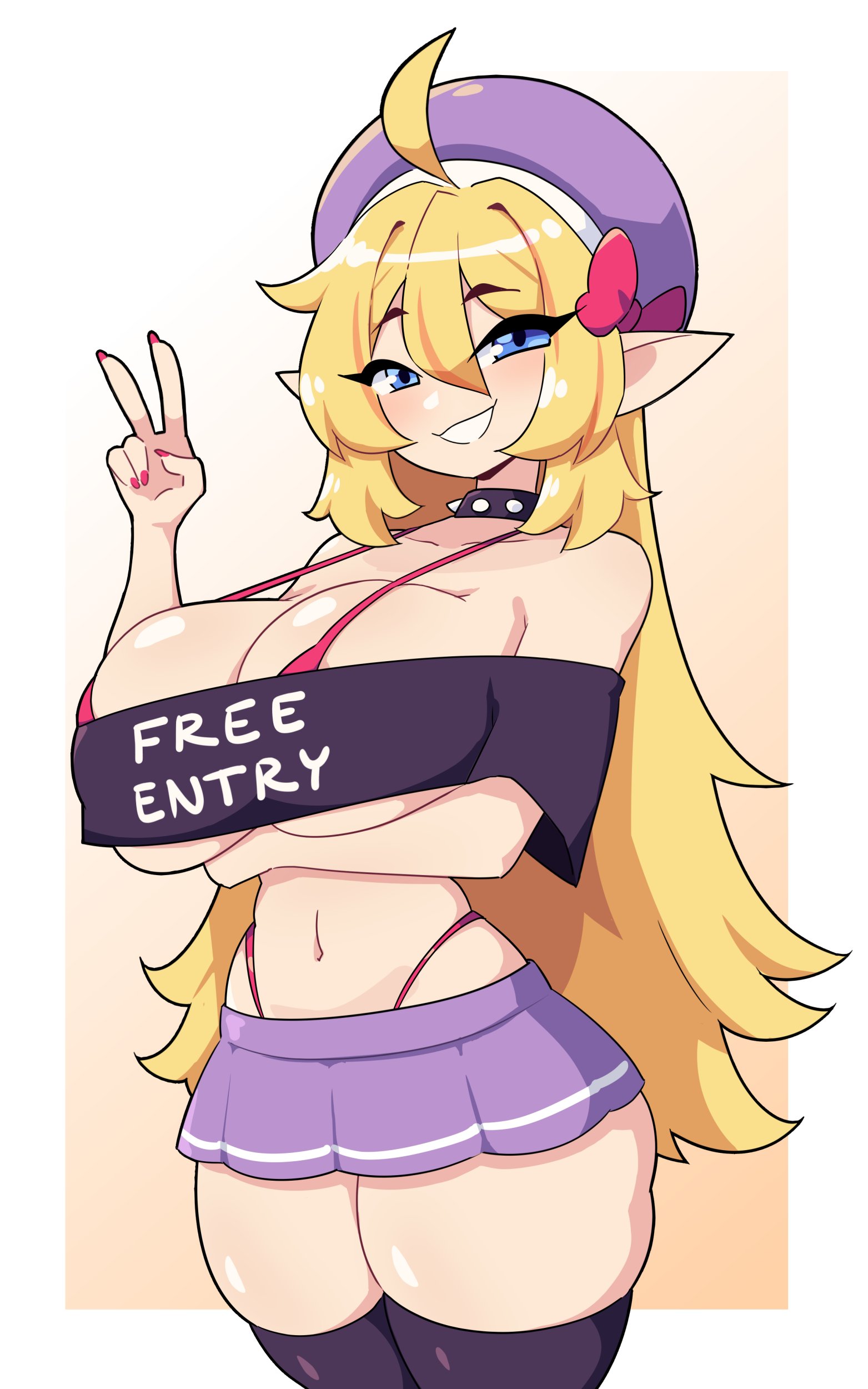 1girls, 2024, arm under breasts, big breasts, bikini under clothes, black thighhighs, blonde hair, blue eyes, breasts, choker, commission, elf, elf ears, elf female, female, female only, headwear, hi res, j5daigada, long hair, looking at viewer, microskirt, miniskirt, narrowed eyes, pointy ears, revealing clothes, ribbon in hair, skimpy, skimpy clothes, skirt, smiling, smiling at viewer, smug, solo, spiked collar, thick thighs, thigh squish, thighhighs, thong above skirt, thong straps, topwear, v sign
