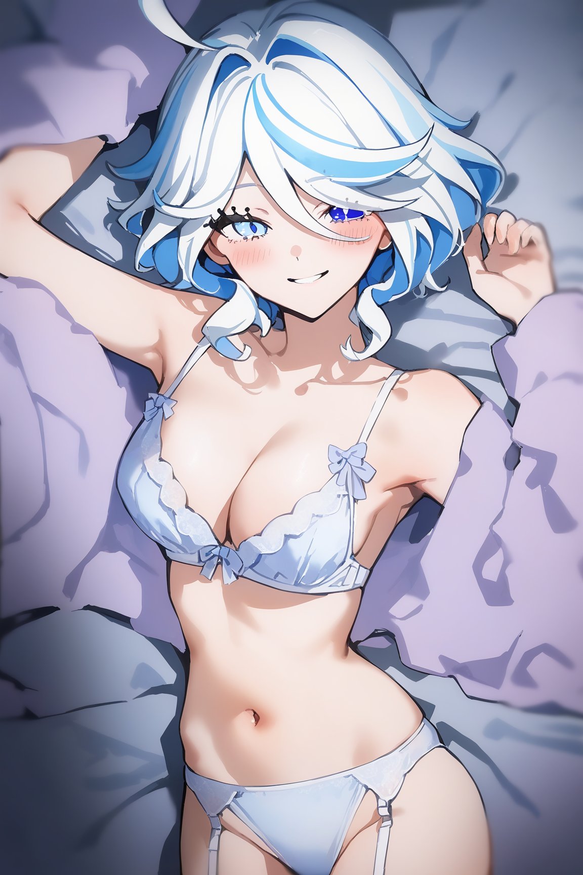 1girls, ai generated, blue eyes, blush, bra, breasts, female, female only, furina (genshin impact), garter belt, garter straps, genshin impact, looking at viewer, panties, seductive, seductive look, seductive smile, solo, stable diffusion, underwear