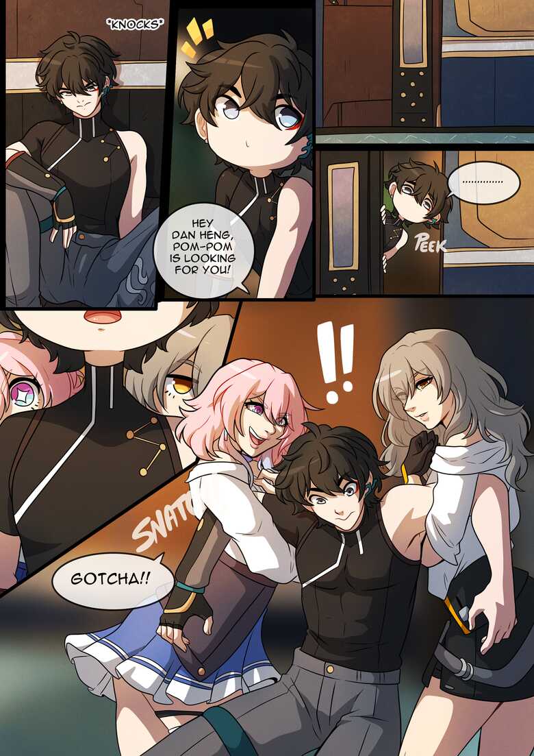 1boy, 2girls, comic, dan heng, english text, female, grey hair, honkai: star rail, kinkymation, male, march 7th (honkai: star rail), pink hair, stelle (honkai: star rail), text, throuple