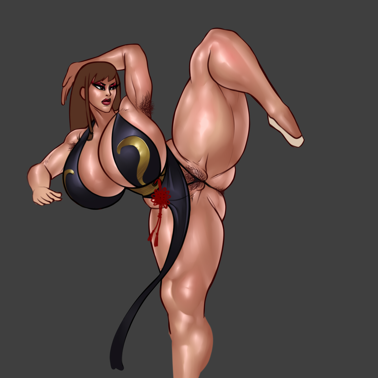 1girls, alternate costume, alternate version available, armpit hair, breasts, brown hair, capcom, chinese dress, chun-li, chun-li (battle ouffit sfv), cleavage, clothes, dress, eyeshadow, female, female armpit hair, female only, huge breasts, human, long hair, pubic hair, raised leg, rampage0118, solo, street fighter, thong, venus body
