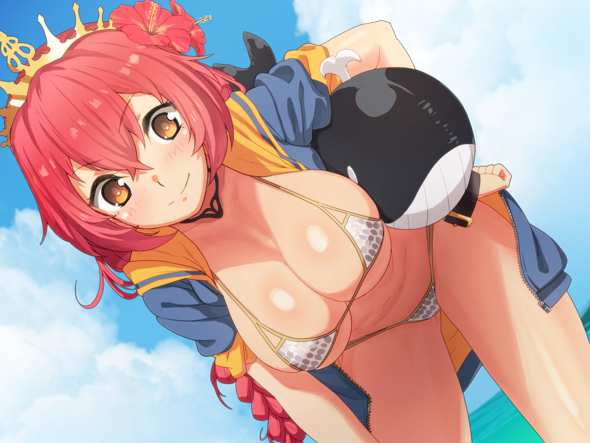 bikini, blush, breasts, brown eyes, clothing, crown, female, flower, large breasts, leaning forward, looking at viewer, oda nobunaga (sengoku collection), pink hair, sengoku collection, short hair, smile, solo, swimsuit, tenchisouha, tiara, white bikini, white swimsuit, yellow eyes