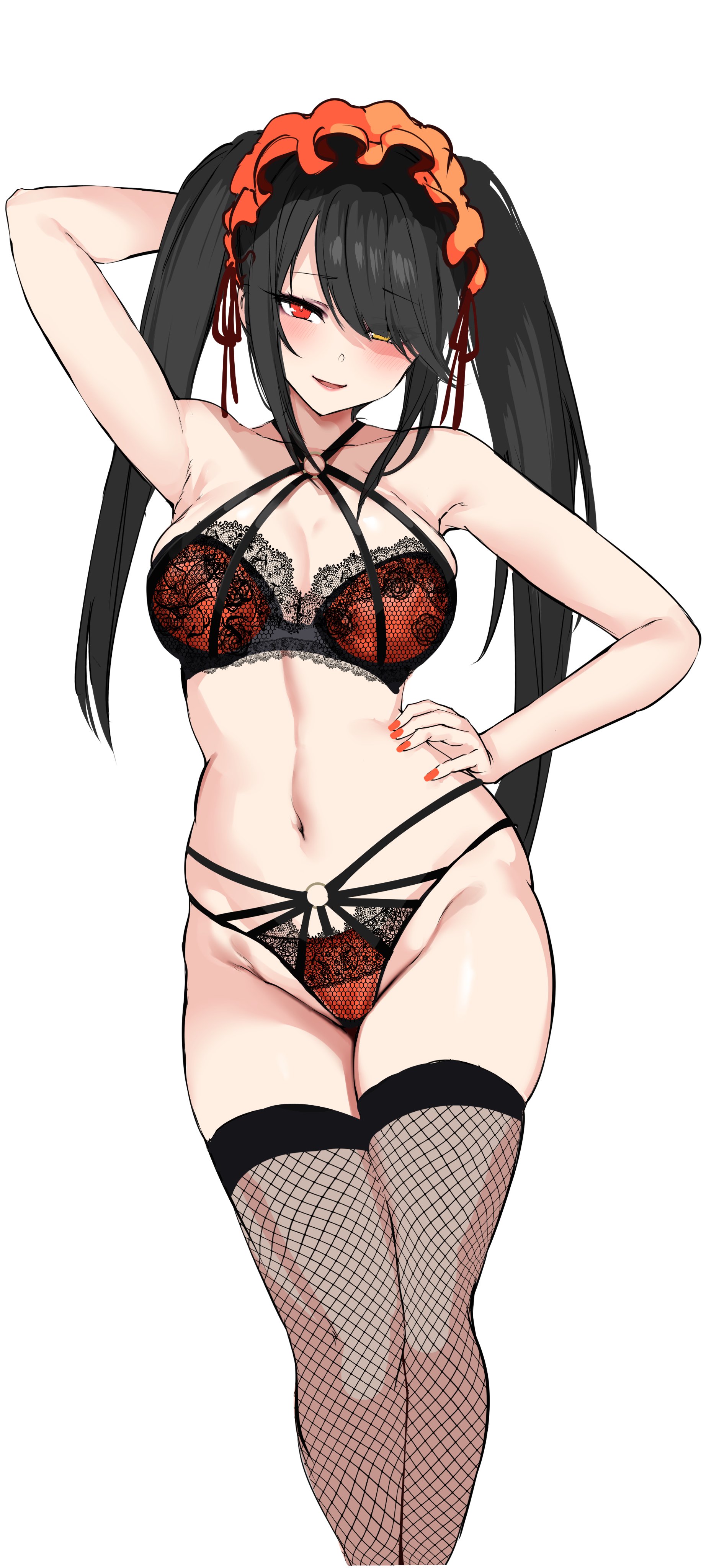 breasts, date a live, female, fishnet, fishnet legwear, fishnets, hand on hip, lace trim, large breasts, lingerie, nail polish, one arm up, orange nails, painted nails, posing, posing for the viewer, simple background, smug, thick thighs, tokisaki kurumi, white background, wide hips