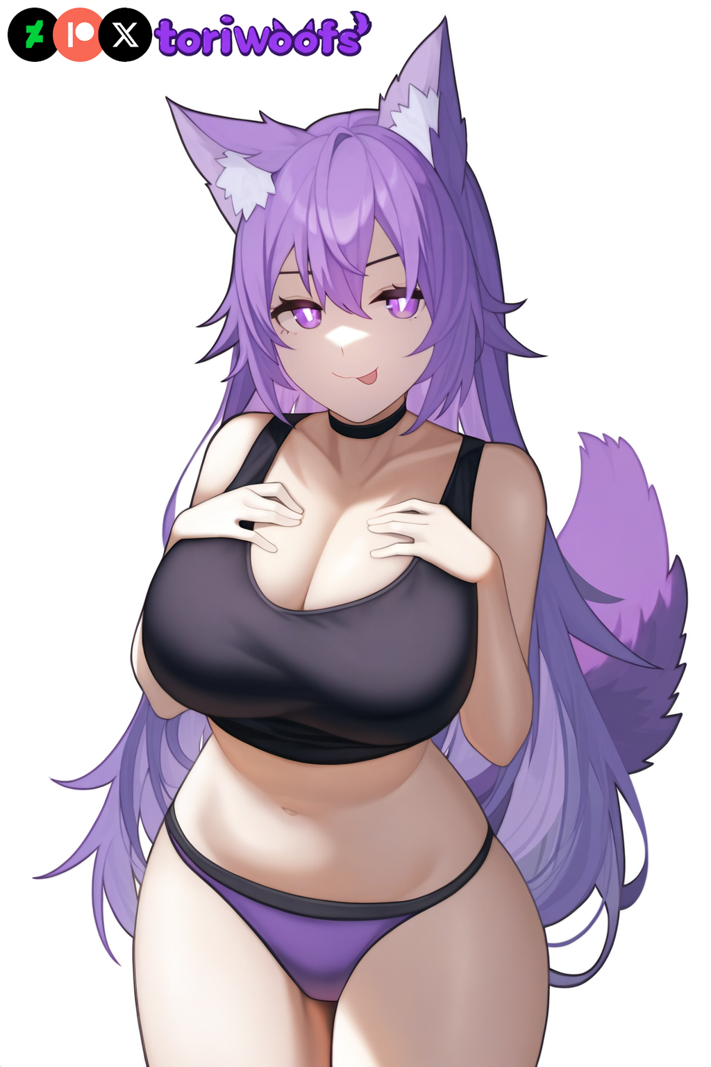 1girls :p ai_generated bra breasts cleavage croptop curvy cute dog_ears dog_girl doggirl female female_only hands_on_breasts highres hips huge_breasts kemonomimi light_skin light_skinned_female long_hair neckwear panties patreon_username petgirl petite purple_ears purple_eyes purple_hair purple_tail thick_thighs thighs tongue_out tori toriwoofs watermark white_background wide_hips wolf_ears