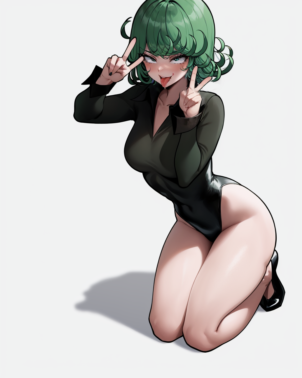 1girls ahe_gao ai_generated collared_leotard double_peace_sign female female_only full_body green_eyes green_hair high_heels kneeling leotard long_sleeves medium_breasts one-punch_man peace_sign skin_tight solo tatsumaki thick_thighs tongue_out viriai white_background