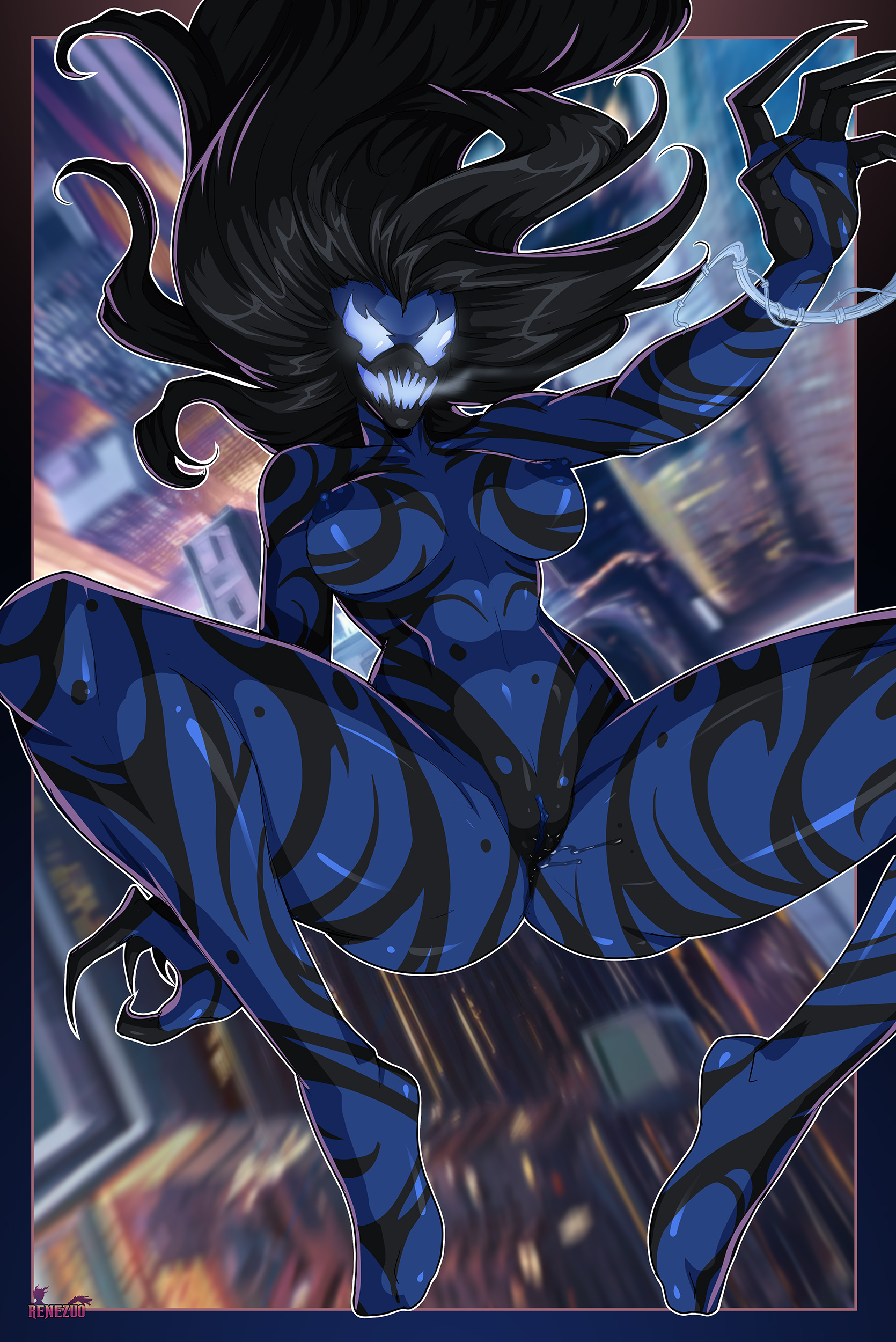 1girls, 2023, april parker, areolae, bent legs, black hair, blue body, breasts, female, female only, hi res, long hair, marvel, marvel comics, mayhem (symbiote/human), nipples, pussy, pussy juice, renezuo, solo, spider-man (series), symbiote, thick thighs