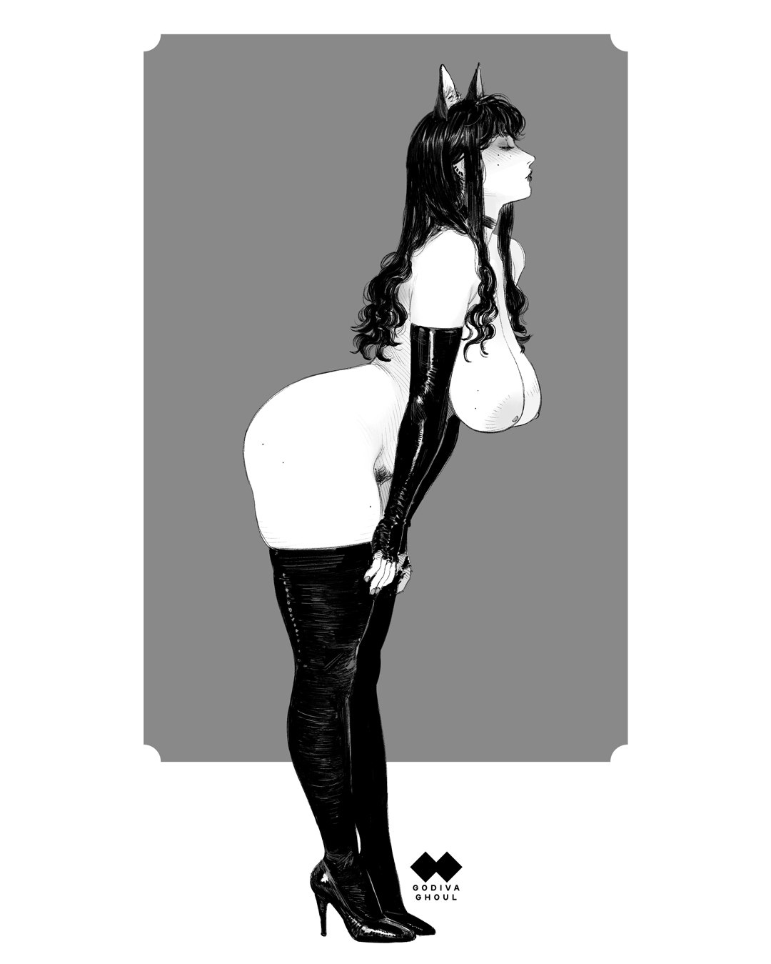 big breasts, breasts, cat ears, female, godiva ghoul, high heels, leaning forward, long hair, mole on breast, mole on thigh, pubic hair, thighhighs