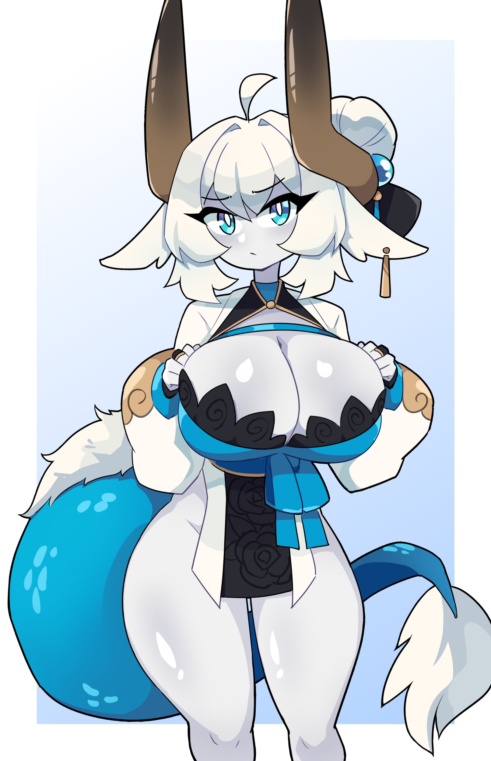 1girls, 2024, ahoge, anthro, big breasts, blue eyes, borrowed character, breasts, cleavage, dragon, dragon ears, dragon girl, dragon horns, dragon tail, dress, earrings, female, female only, hi res, horns, j5daigada, looking at viewer, original character, polaris (zanamaoria), solo, tail, tail tuft, thick thighs, tied hair, white body, white hair, zanamaoria